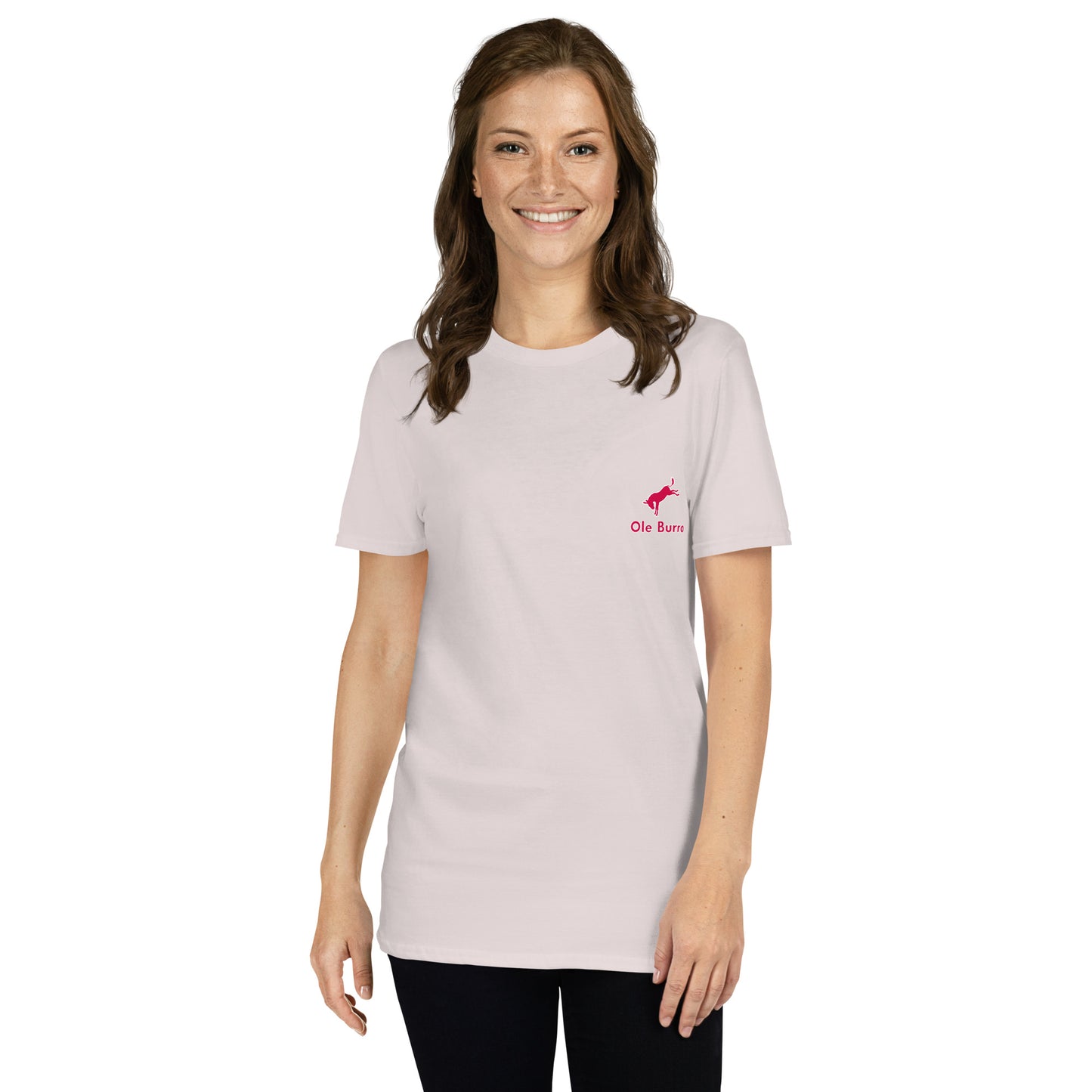 Woman wearing a light gray t-shirt with a logo on a white background
