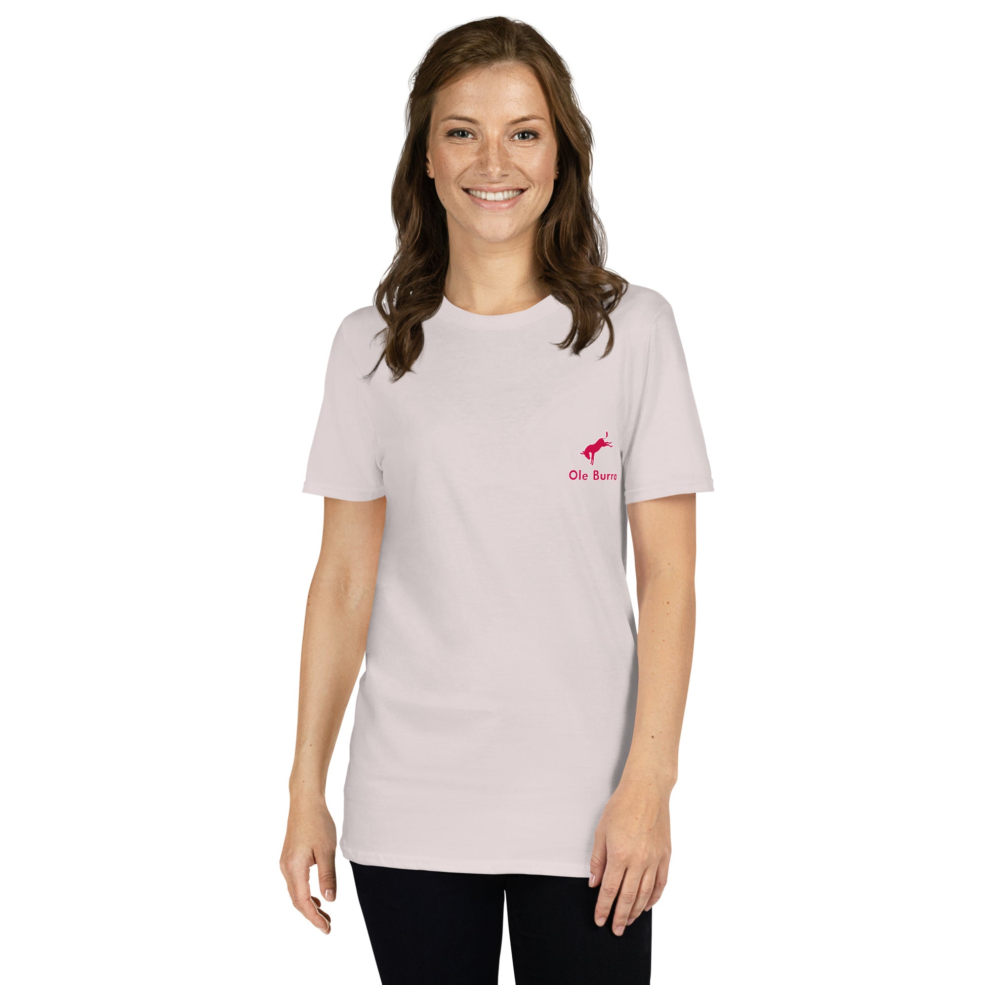Woman wearing a light gray t-shirt with a logo on a white background