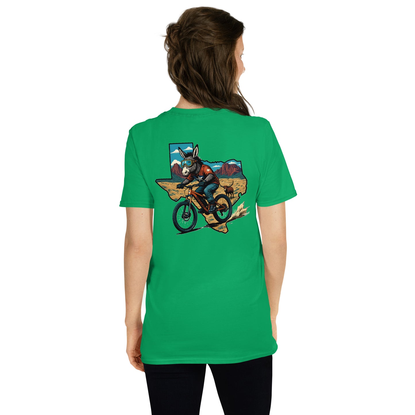 Person wearing a green t-shirt with a graphic design on the back, standing against a white background.