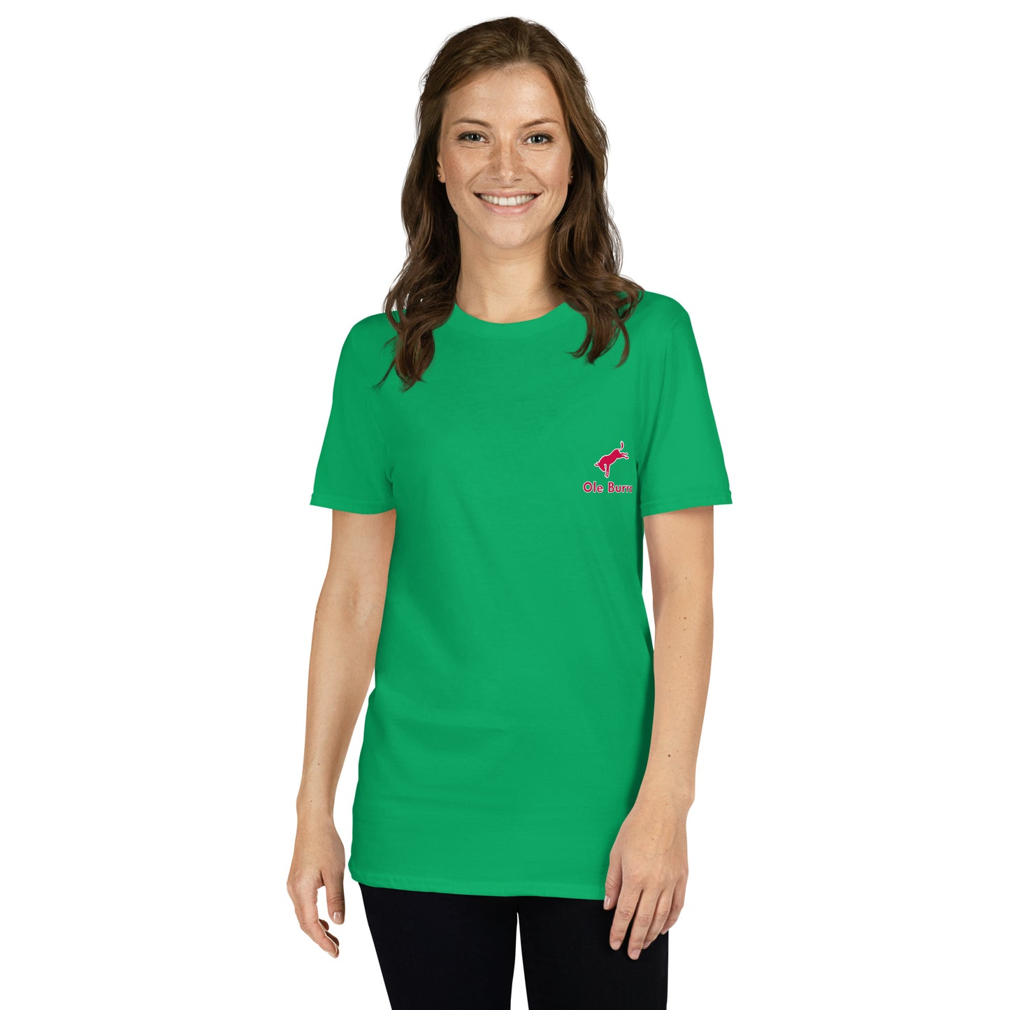 Woman wearing a green t-shirt with a small logo on a white background