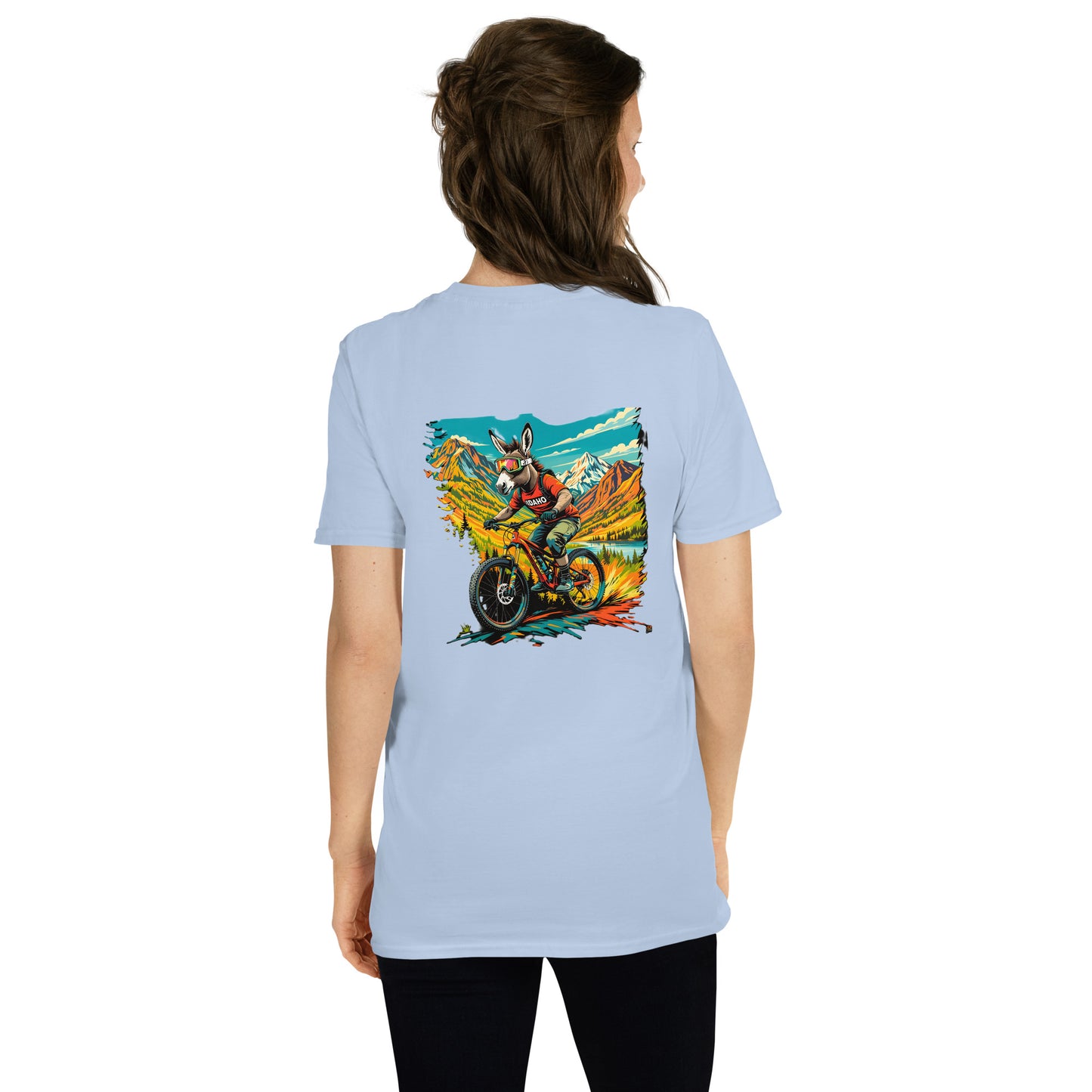 Light blue t-shirt with a colorful graphic on the back worn by a person