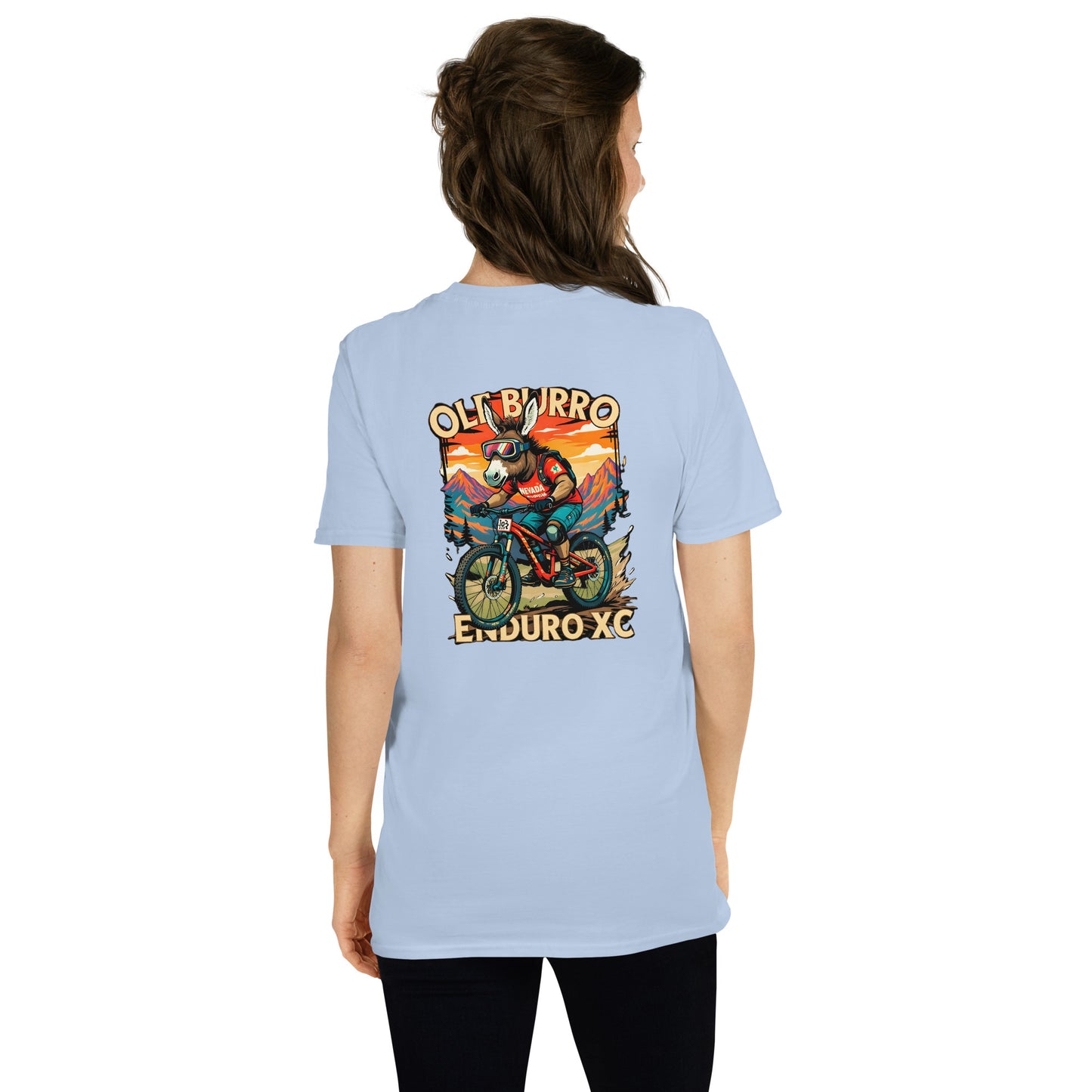 Light blue t-shirt with a graphic design on the back, worn by a person.