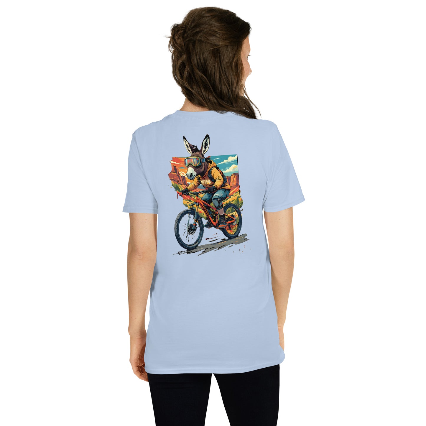 Light blue t-shirt with a donkey on a motorcycle graphic on the back, worn by a person.