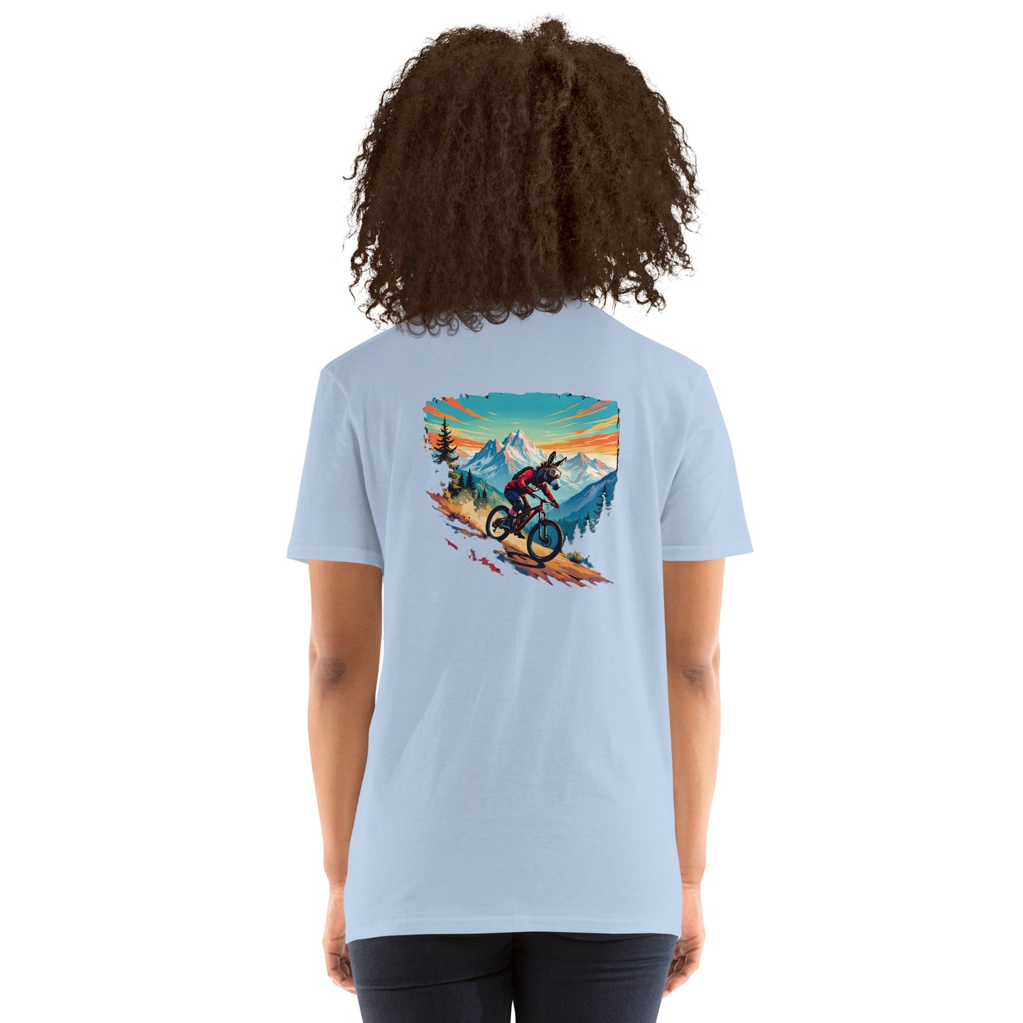 Person wearing a light blue t-shirt with a mountain bike graphic on the back