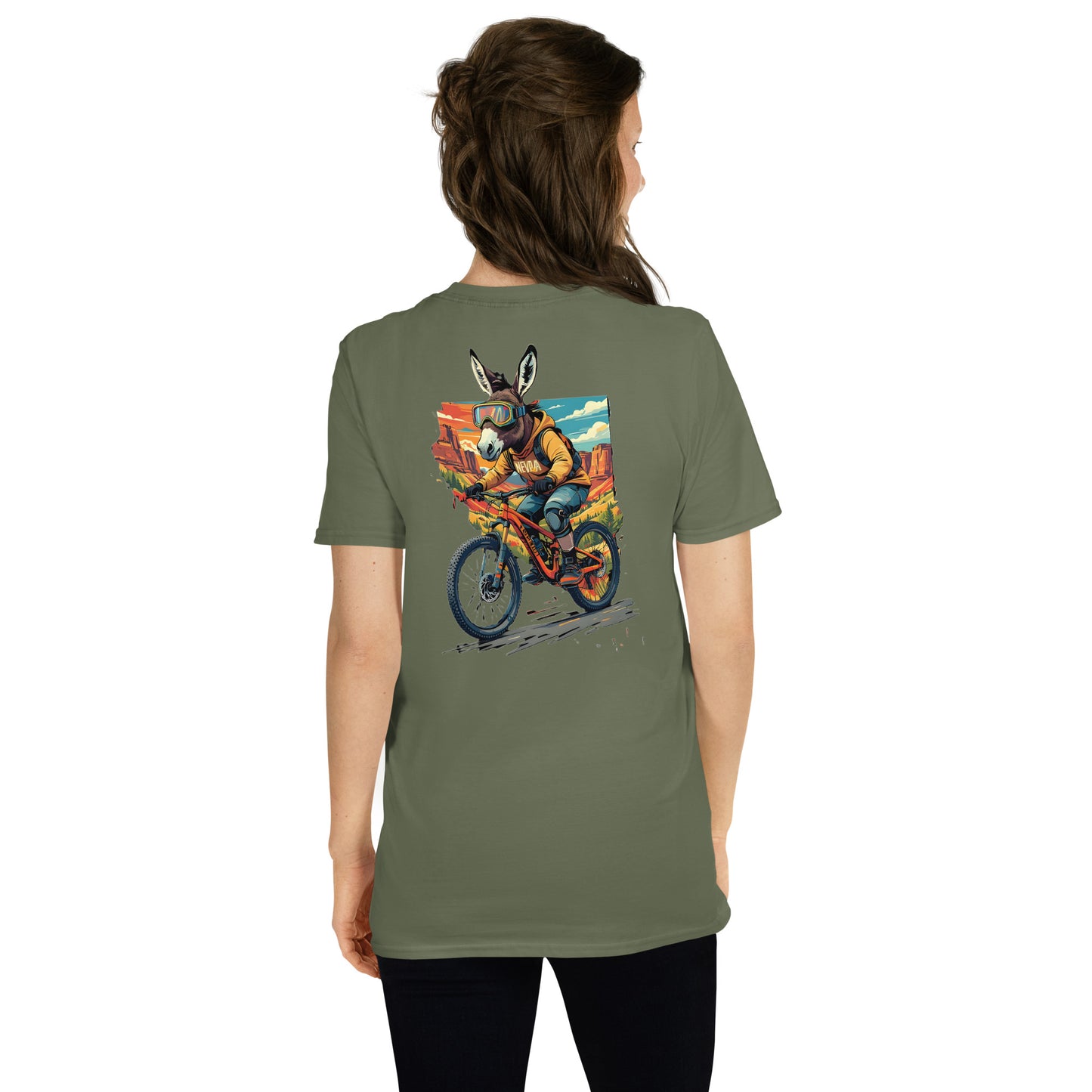Person wearing a green t-shirt with a colorful graphic of a donkey on a bicycle on the back.
