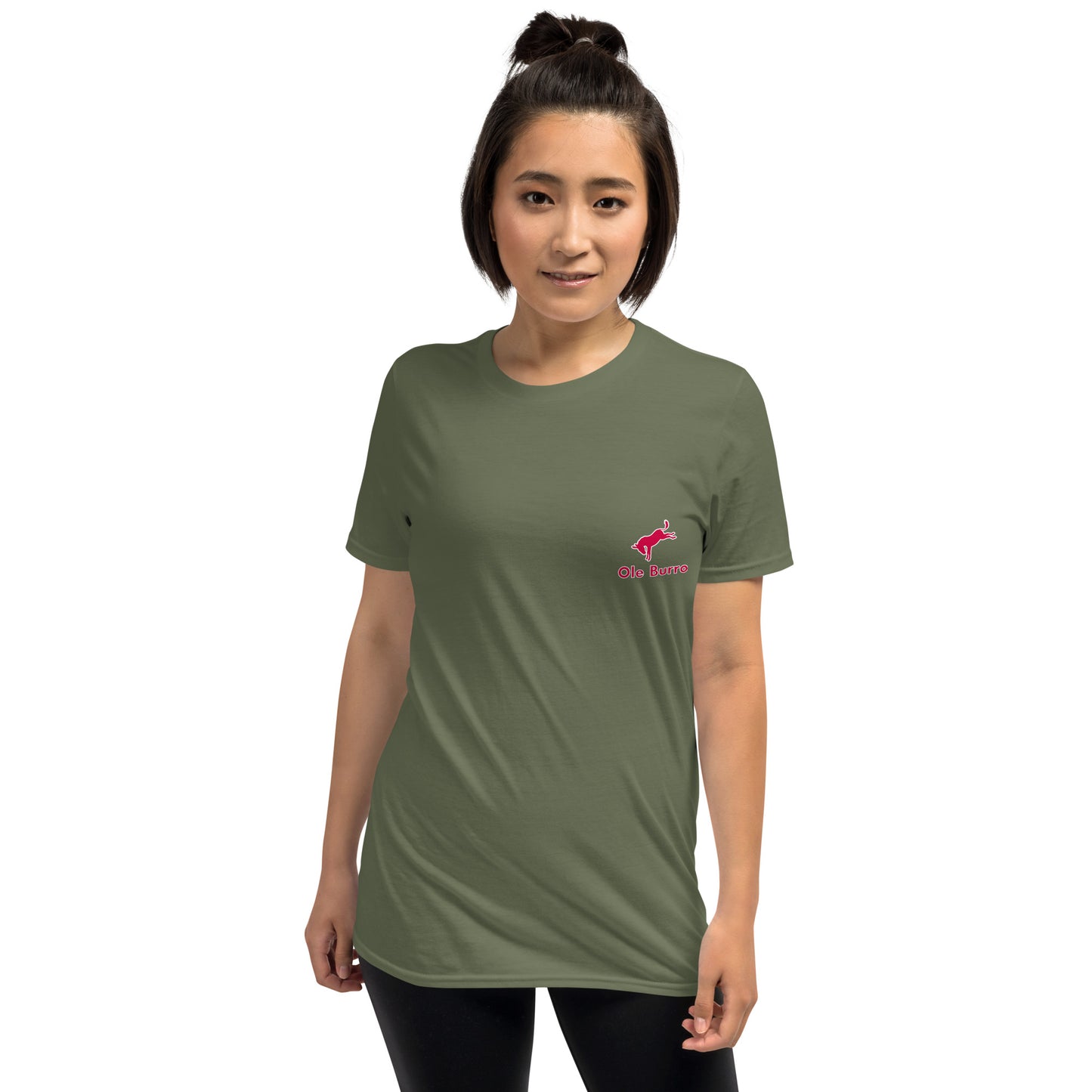 Woman wearing a green t-shirt with a logo on a white background