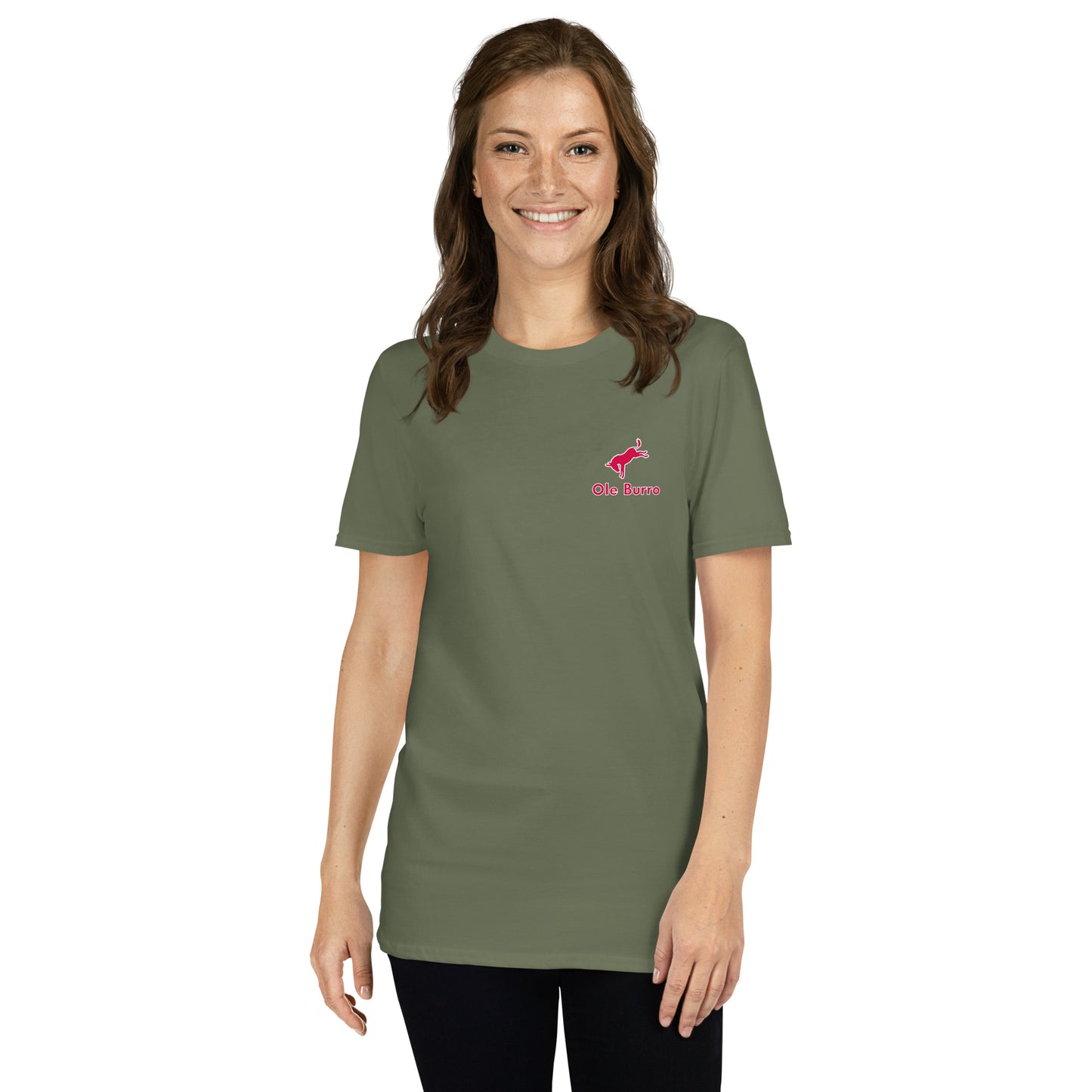 Woman wearing a green t-shirt with a red logo on a white background
