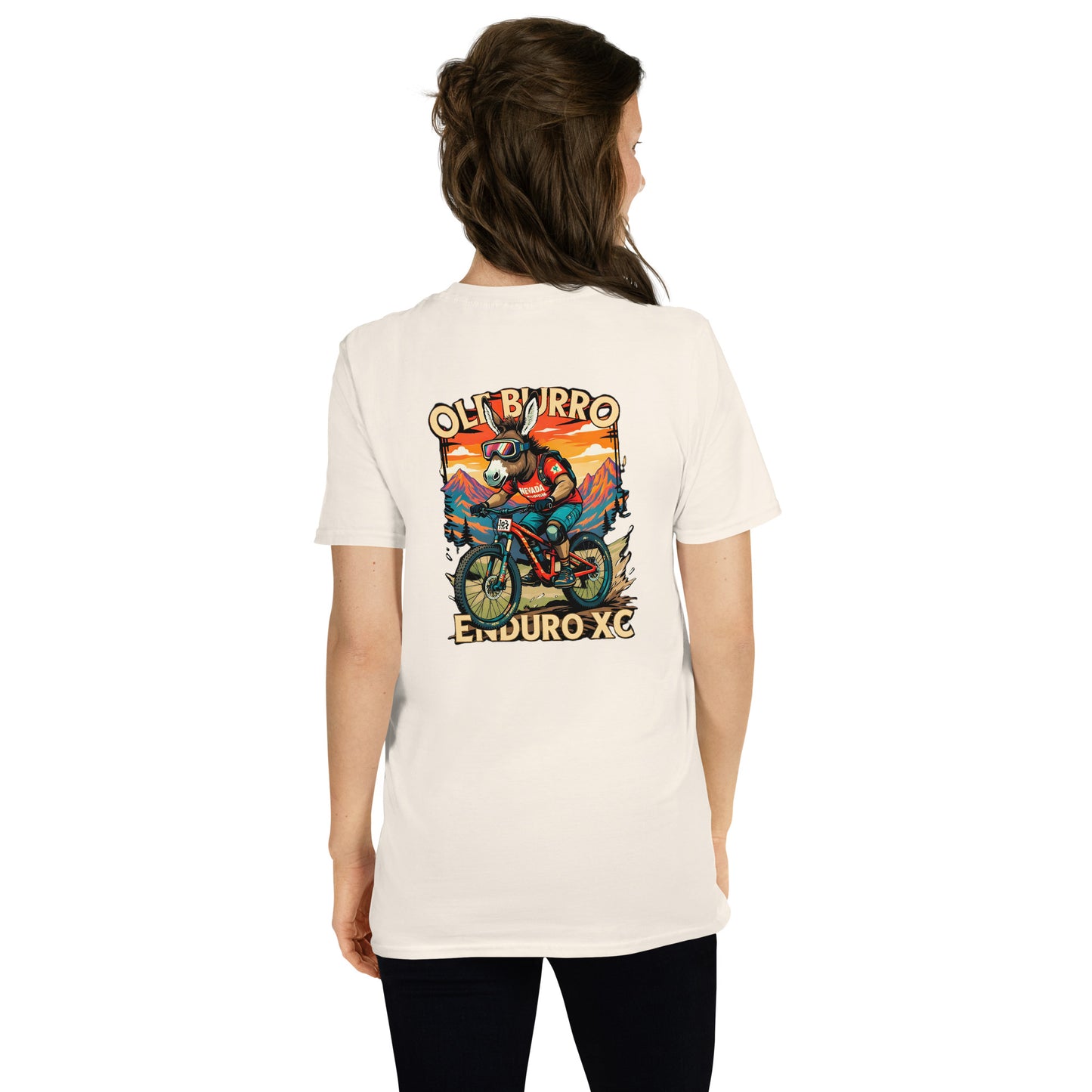 Person wearing a white t-shirt with a graphic design on the back, standing against a white background