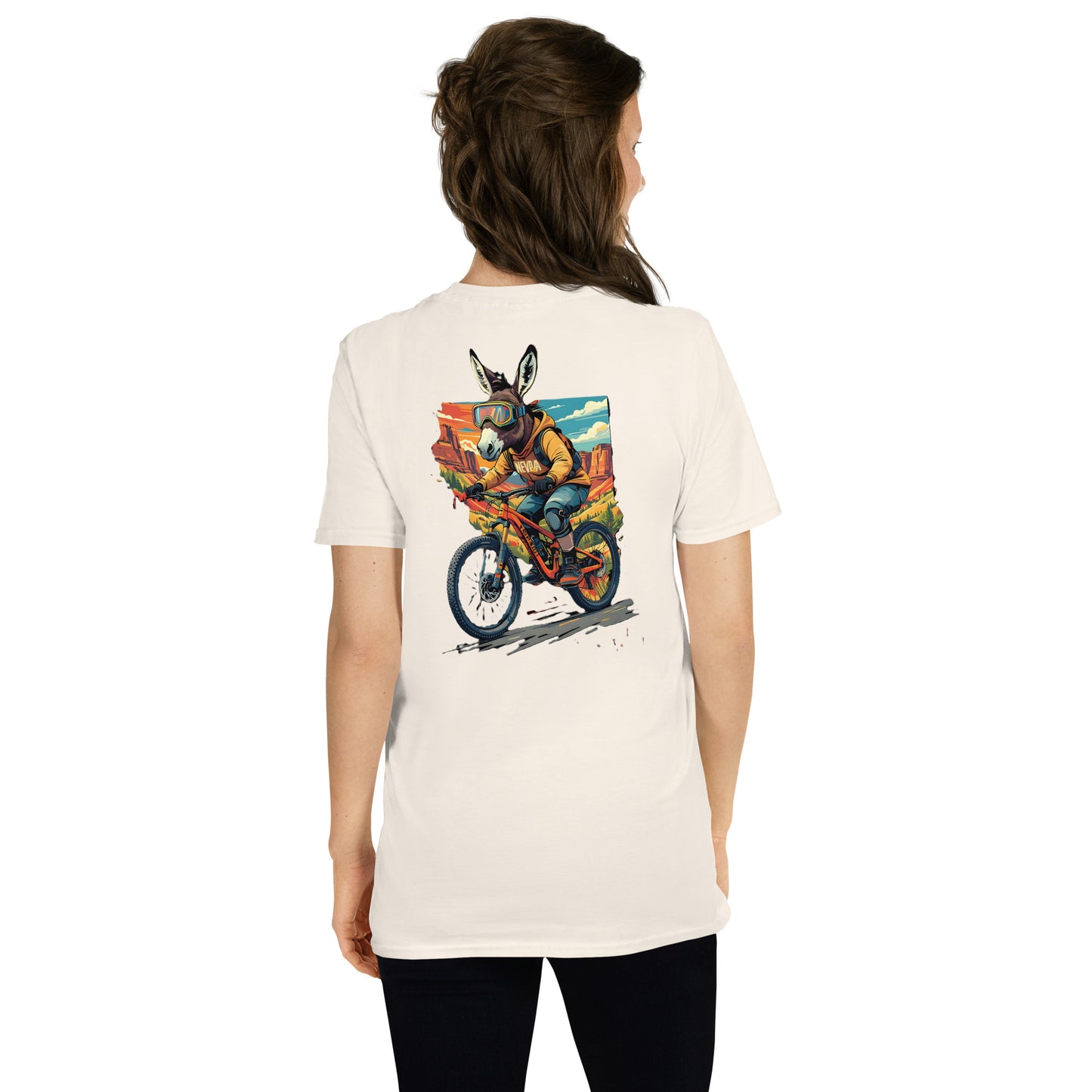 Person wearing a white t-shirt with a colorful graphic of a donkey on a motorcycle on the back.