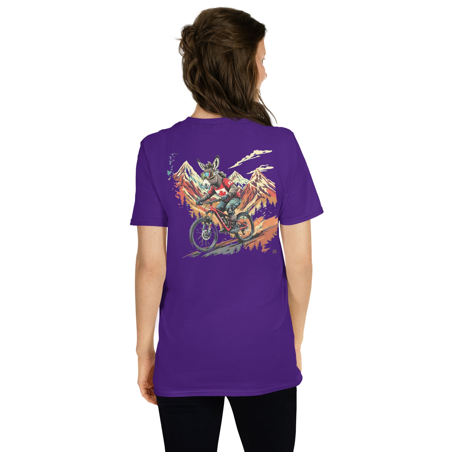 Person wearing a purple t-shirt with a colorful graphic design on the back