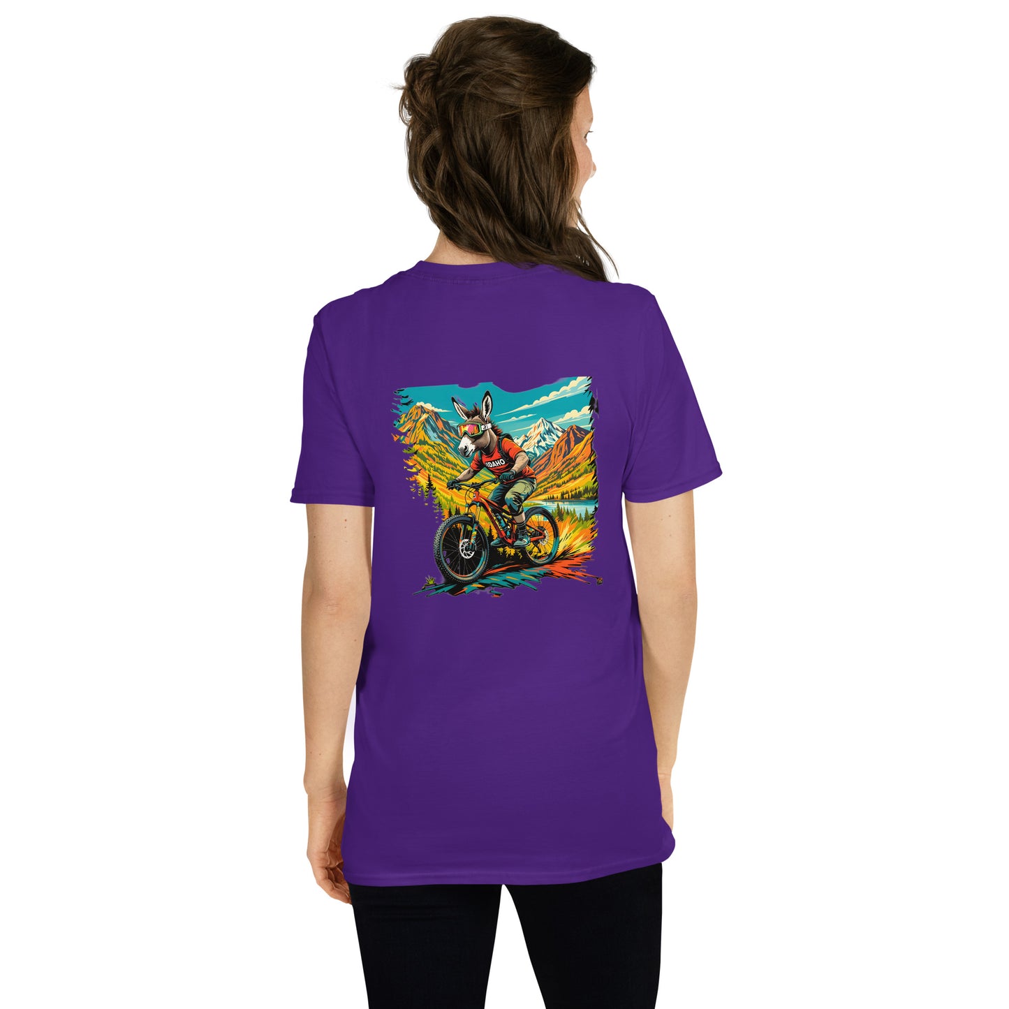 Person wearing a purple t-shirt with a colorful graphic on the back