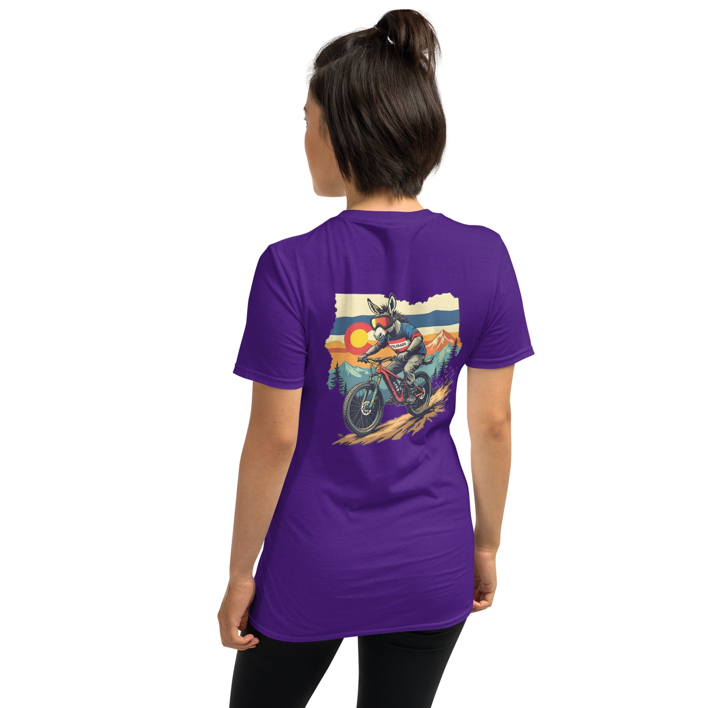 Person wearing a purple t-shirt with a motorcycle graphic on the back