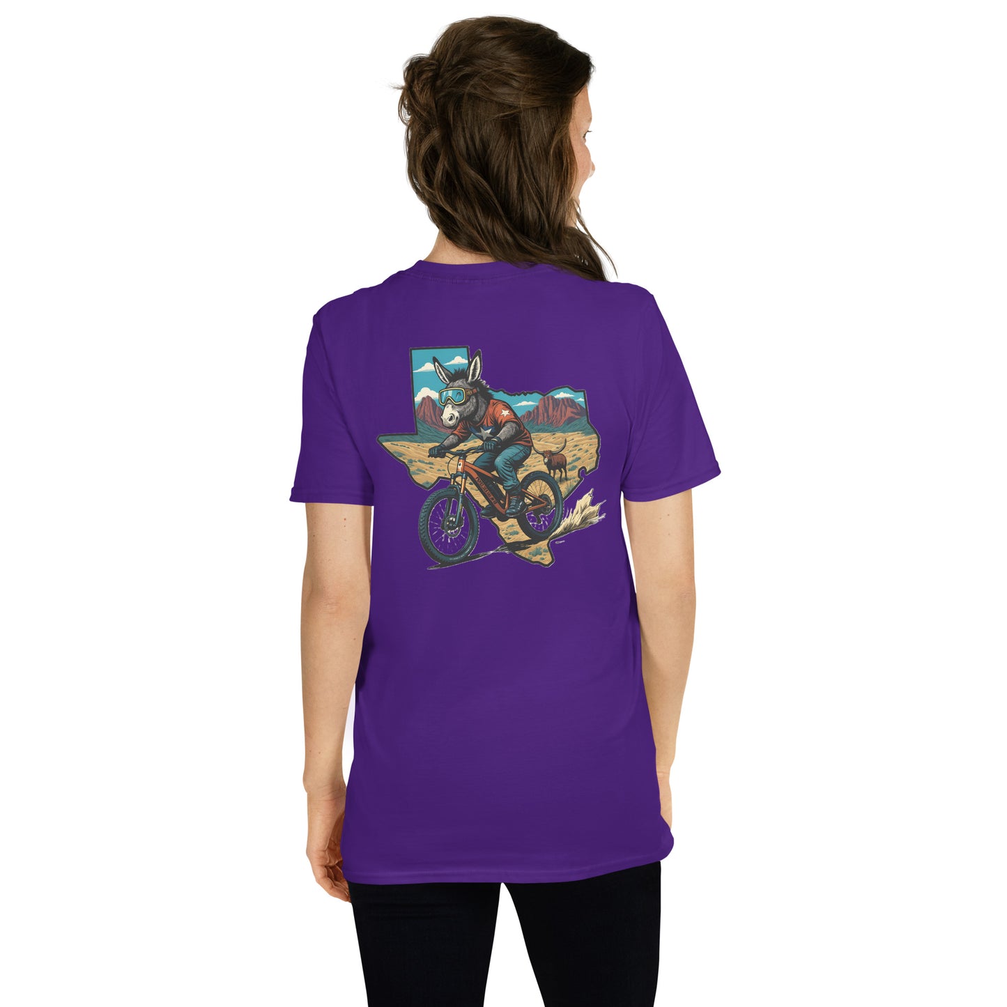 Person wearing a purple t-shirt with a graphic design on the back, standing against a white background