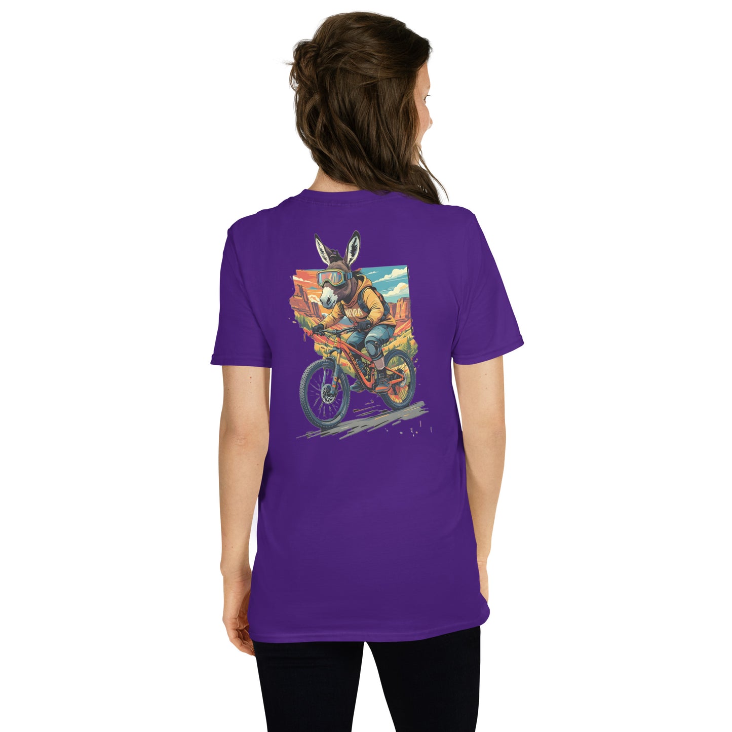 Person wearing a purple t-shirt with a graphic of a donkey on a motorcycle on the back.