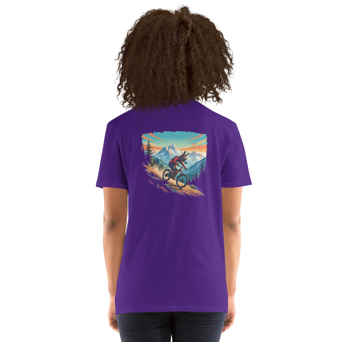 Person wearing a purple t-shirt with a mountain bike graphic on the back