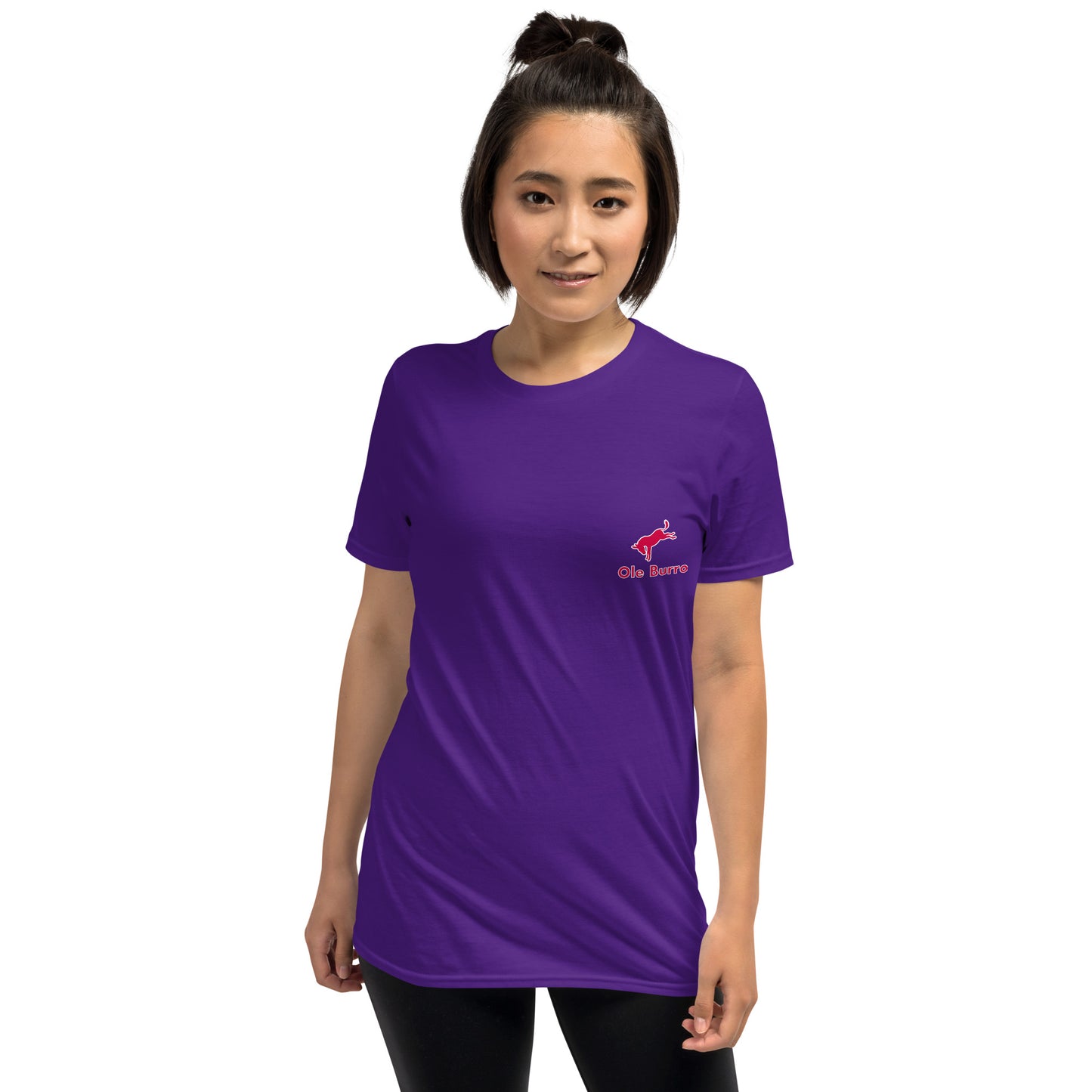 Person wearing a purple t-shirt with a logo on a white background
