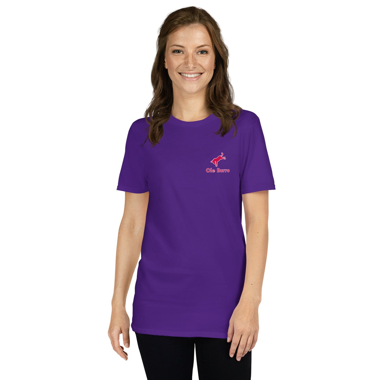 Woman wearing a purple t-shirt with a logo on a white background