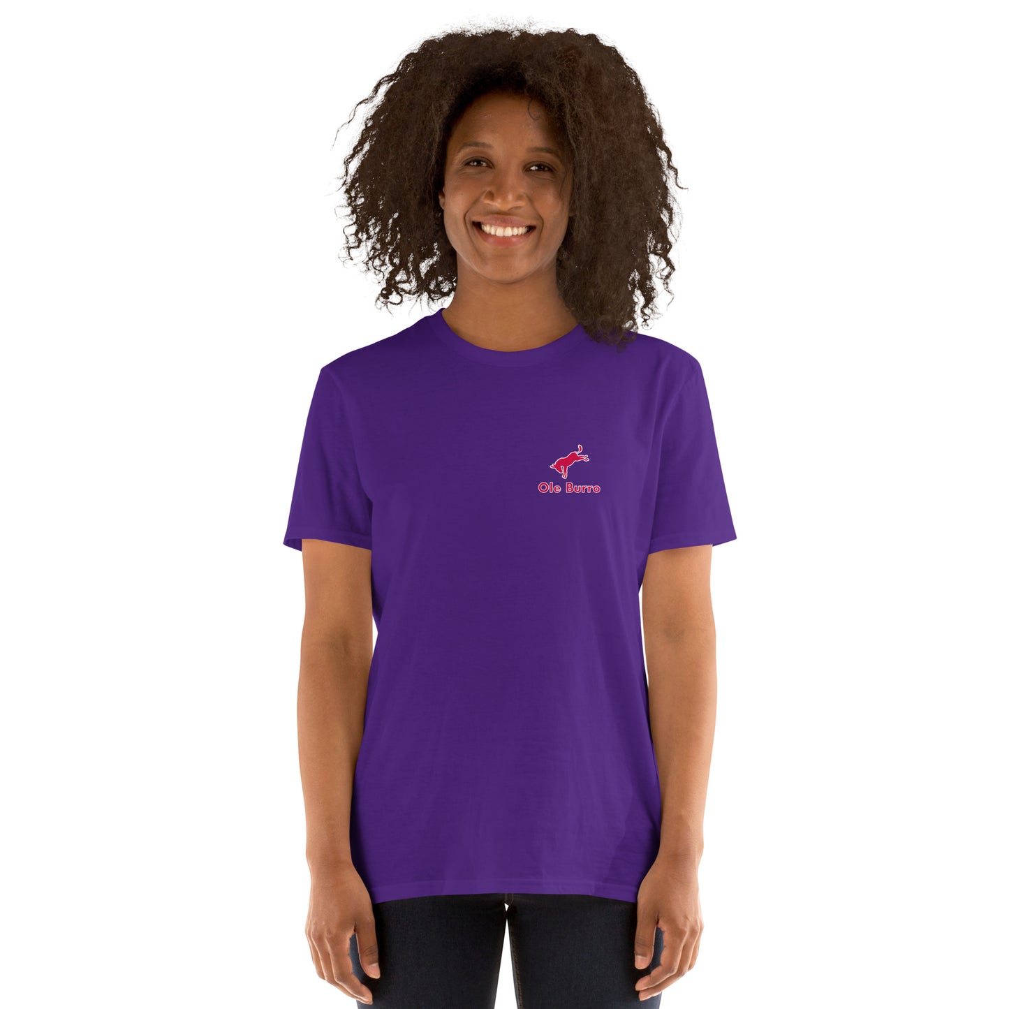 Person wearing a purple t-shirt with a logo on a white background