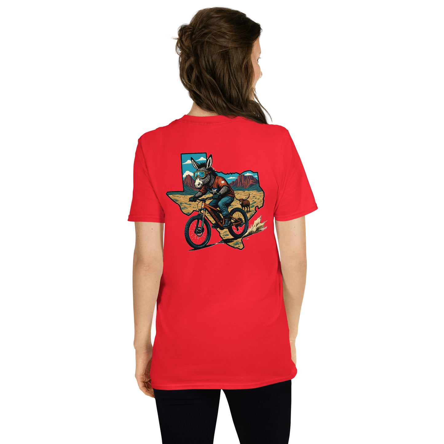 Person wearing a red t-shirt with a graphic design on the back, standing against a white background