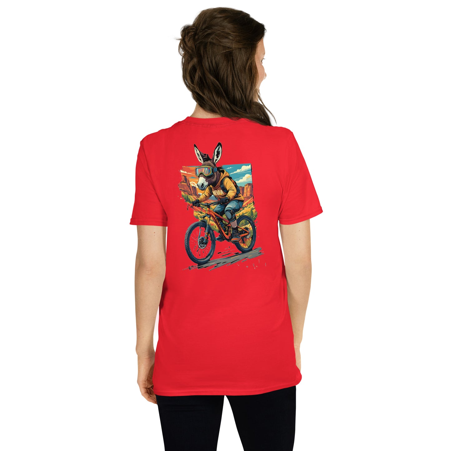 Person wearing a red t-shirt with a graphic of a donkey on a motorcycle on the back.