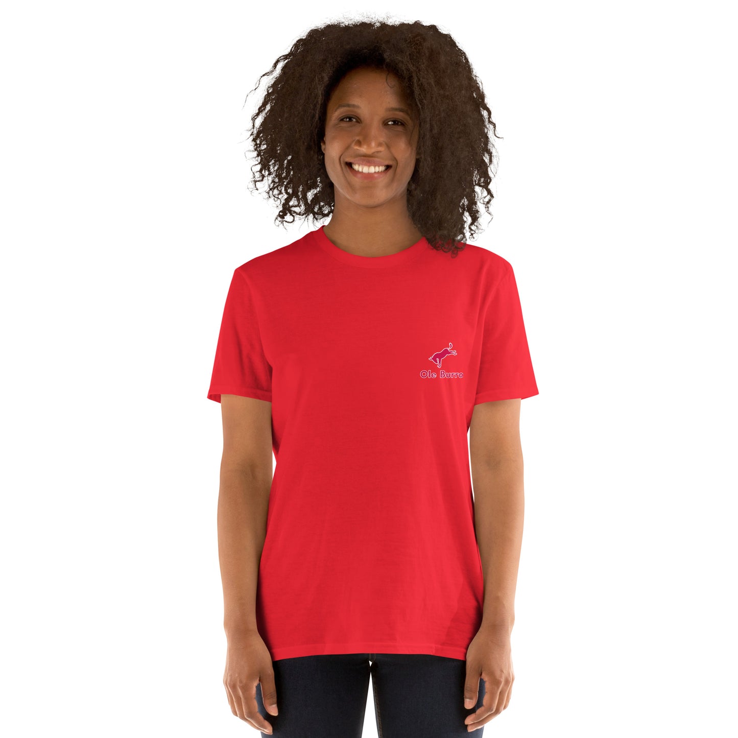 Person wearing a red t-shirt with a logo on a white background