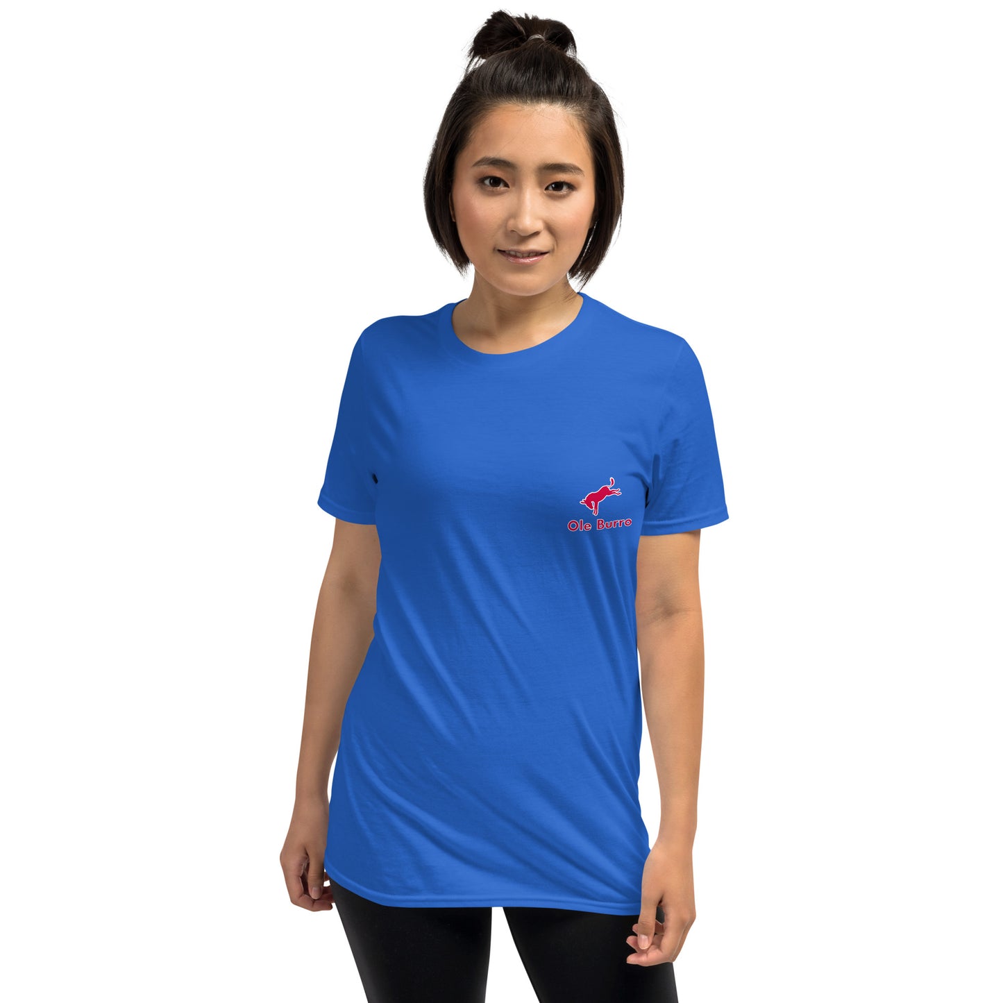 Woman wearing a blue t-shirt with a logo on a white background