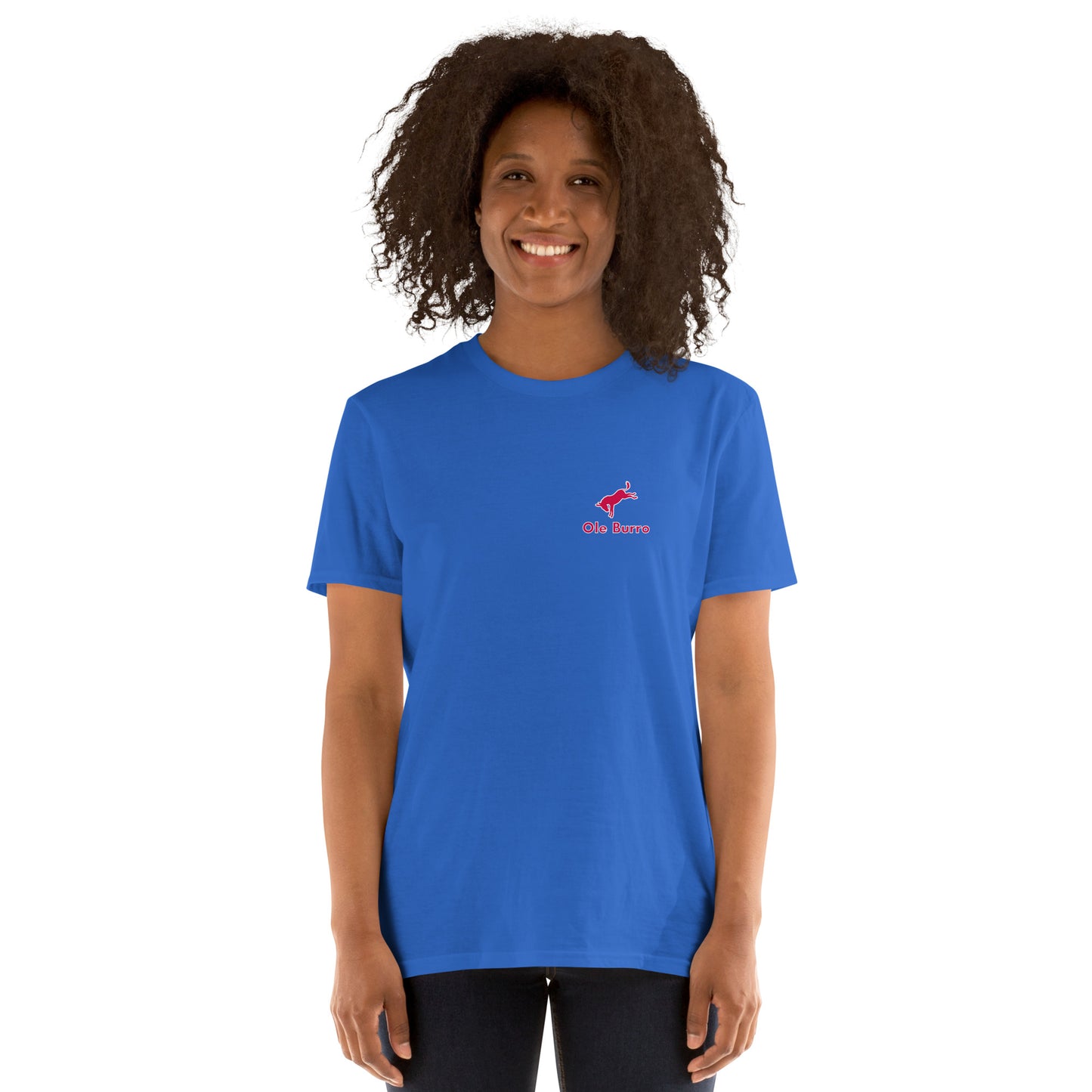Person wearing a blue t-shirt with a logo on a white background