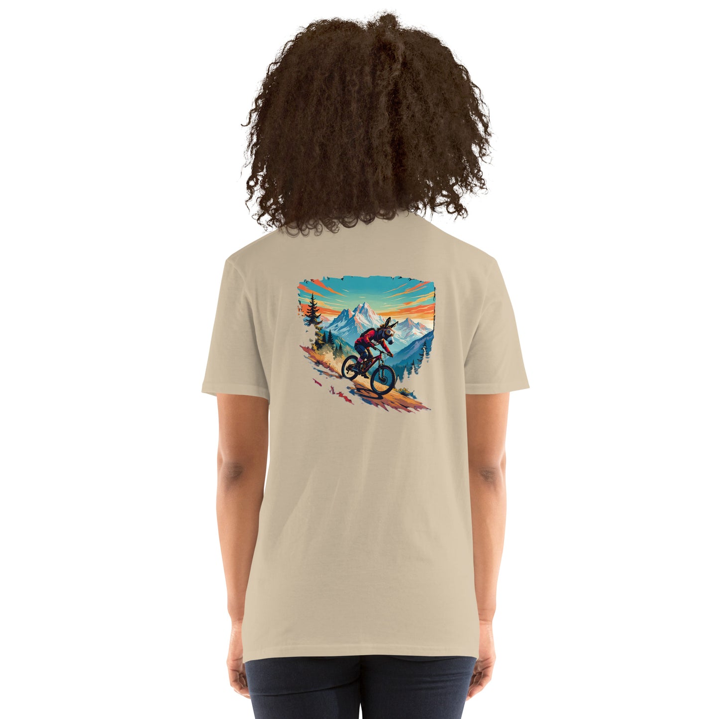 Person wearing a beige t-shirt with a mountain bike graphic on the back