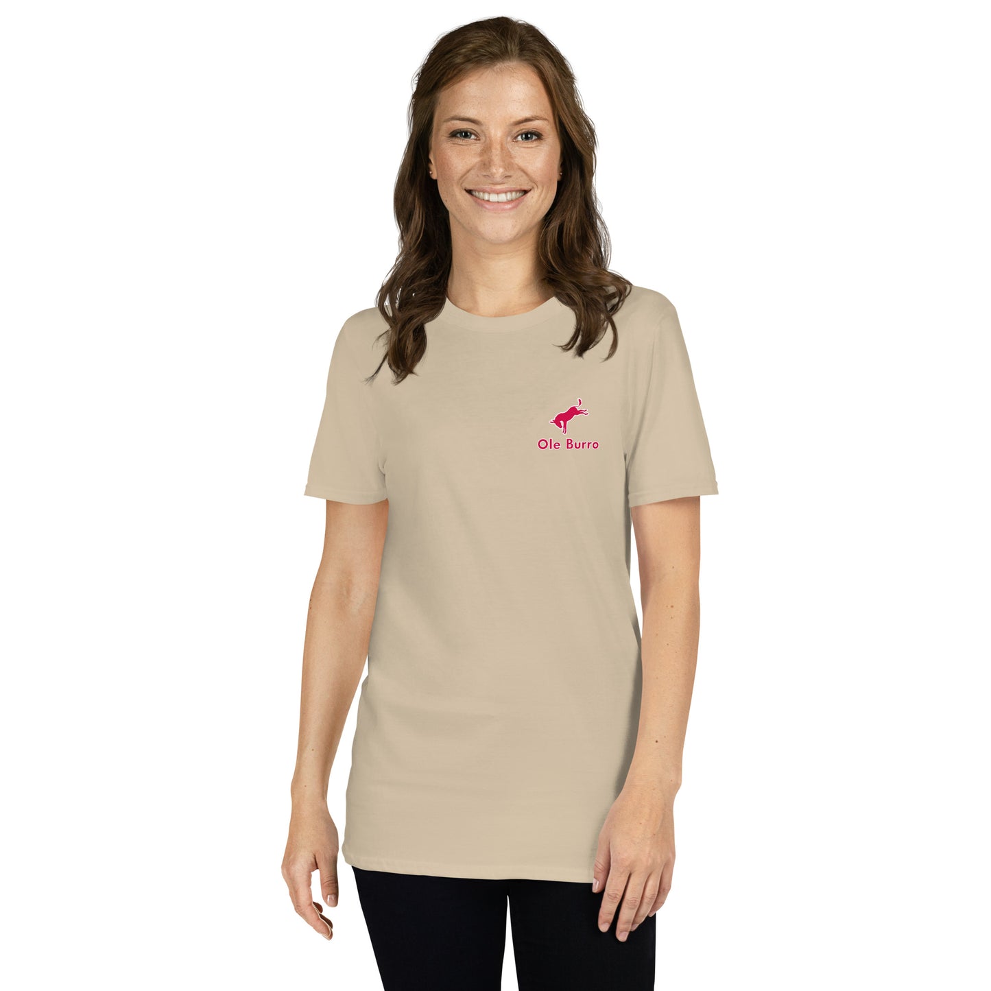Woman wearing a beige t-shirt with a red logo on a white background