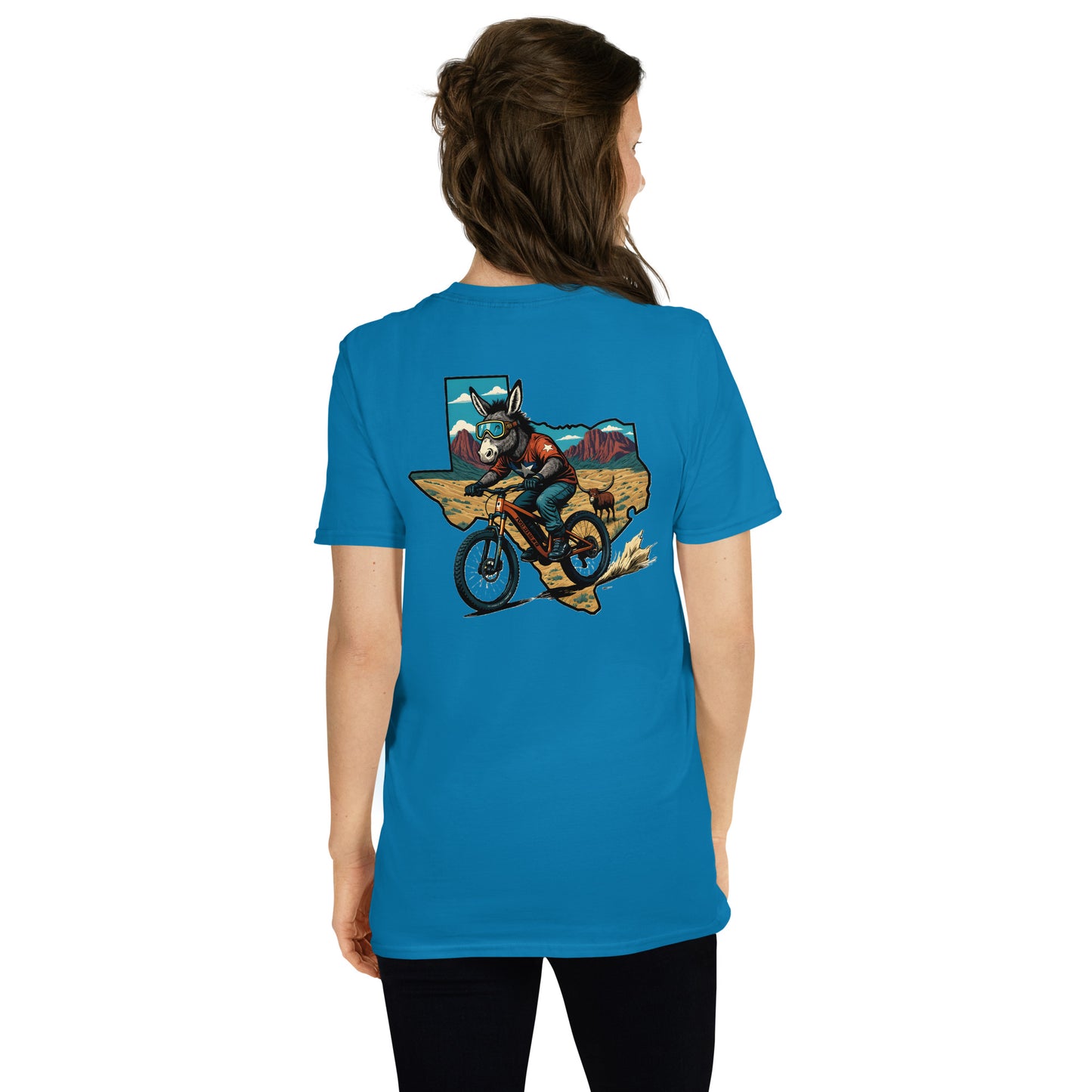 Person wearing a blue t-shirt with a graphic design on the back