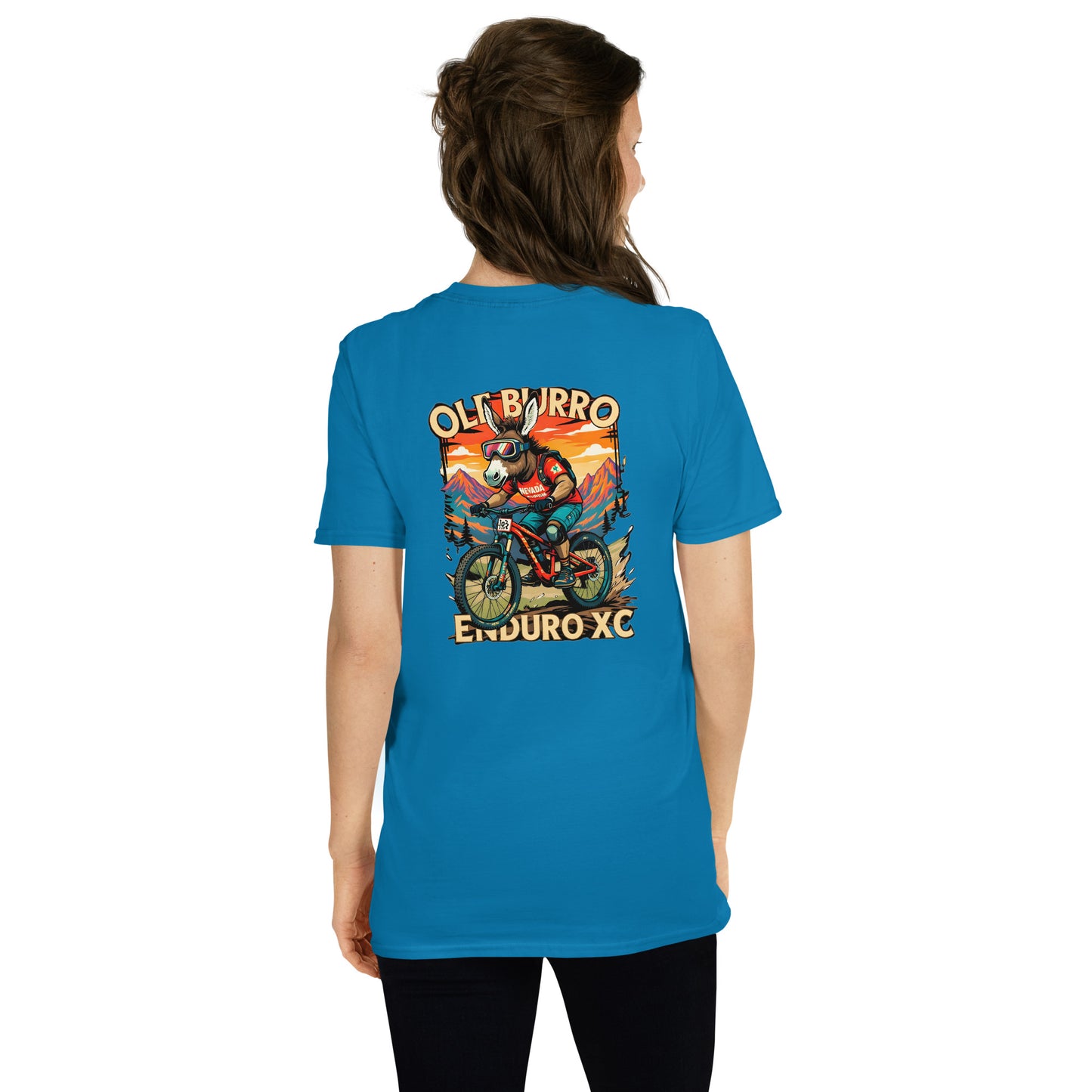 Person wearing a blue t-shirt with a graphic design on the back, featuring a bear and text.