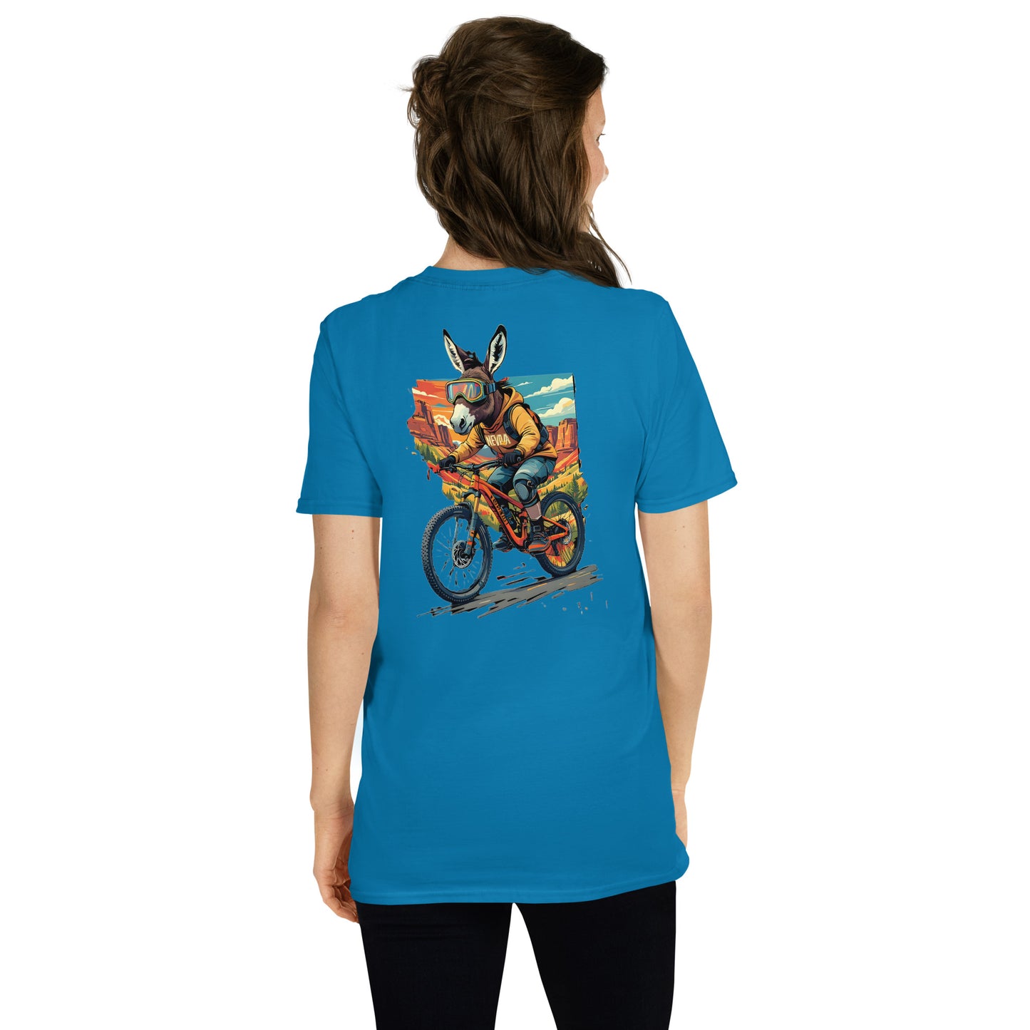 Person wearing a blue t-shirt with a graphic of a donkey on a bicycle on the back.