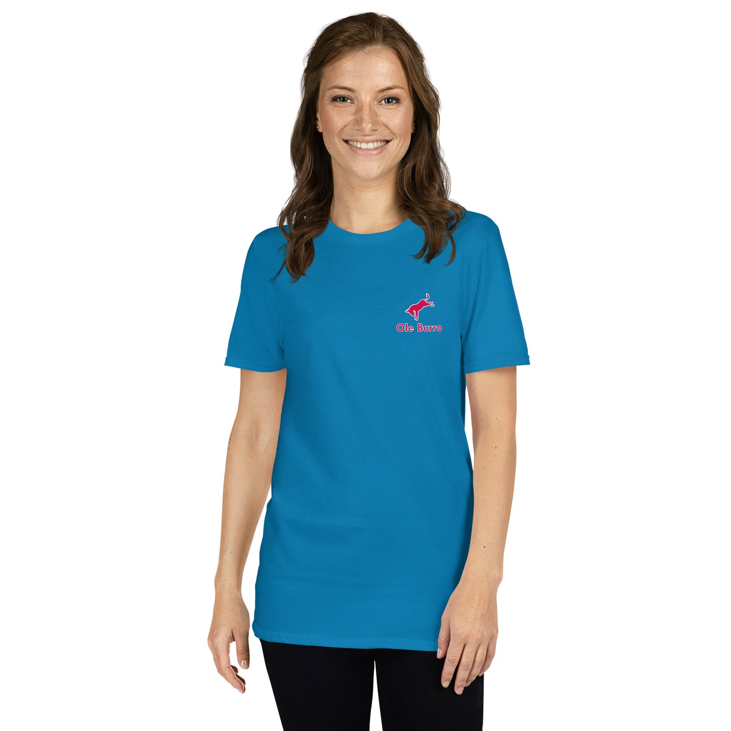 Woman wearing a blue t-shirt with a red logo on a white background