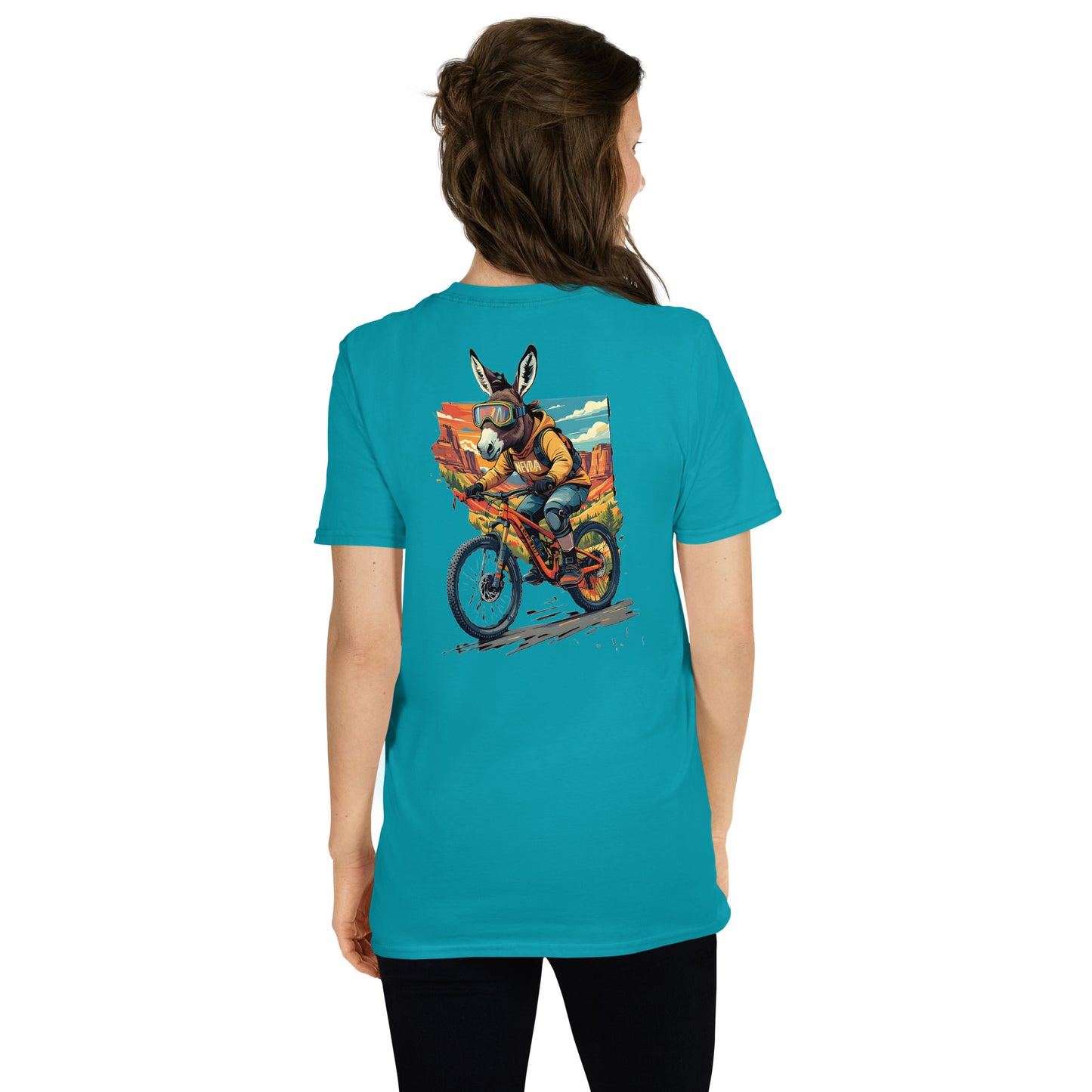 Person wearing a turquoise t-shirt with a graphic of a donkey riding a bike on the back.