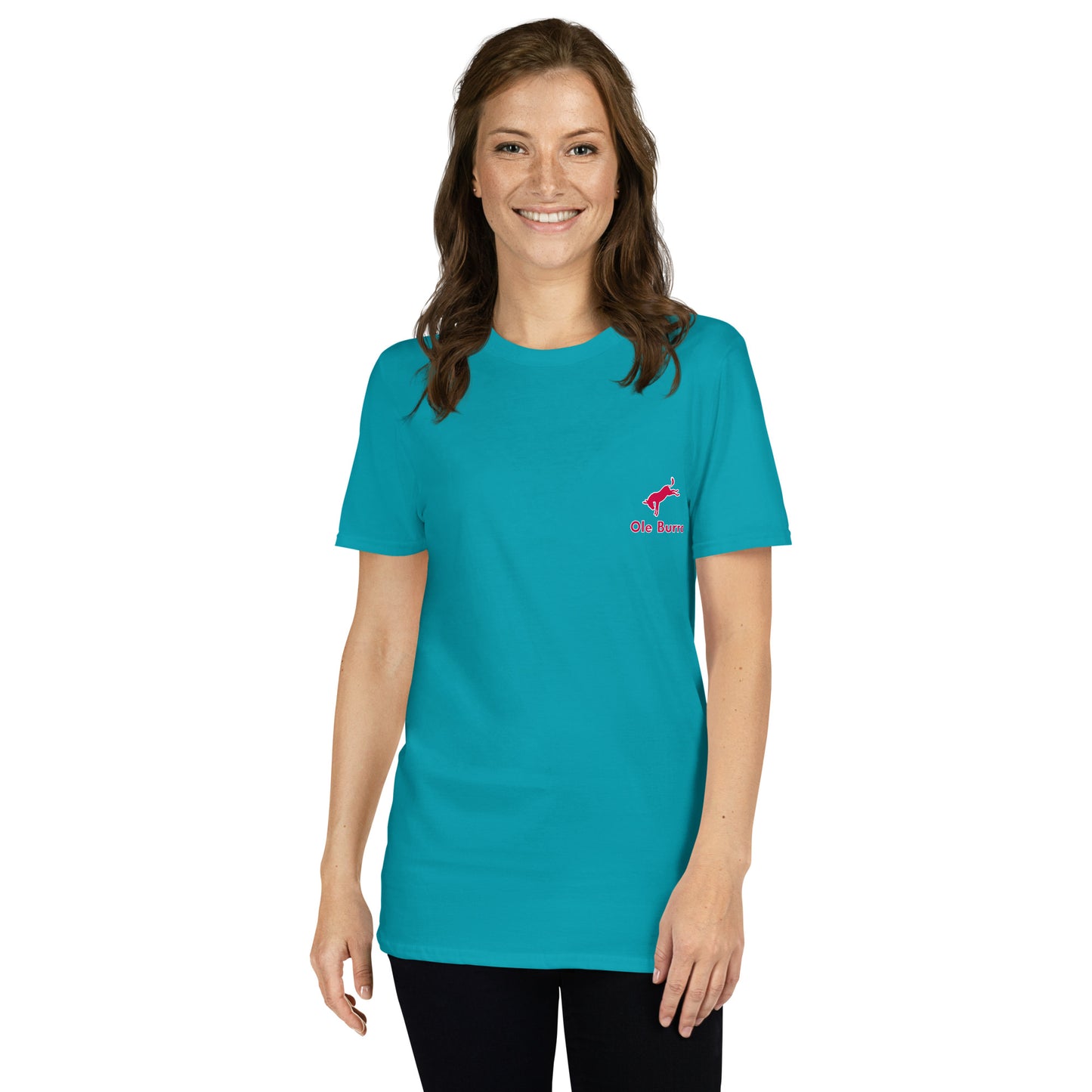 Woman wearing a teal t-shirt with a logo on a white background