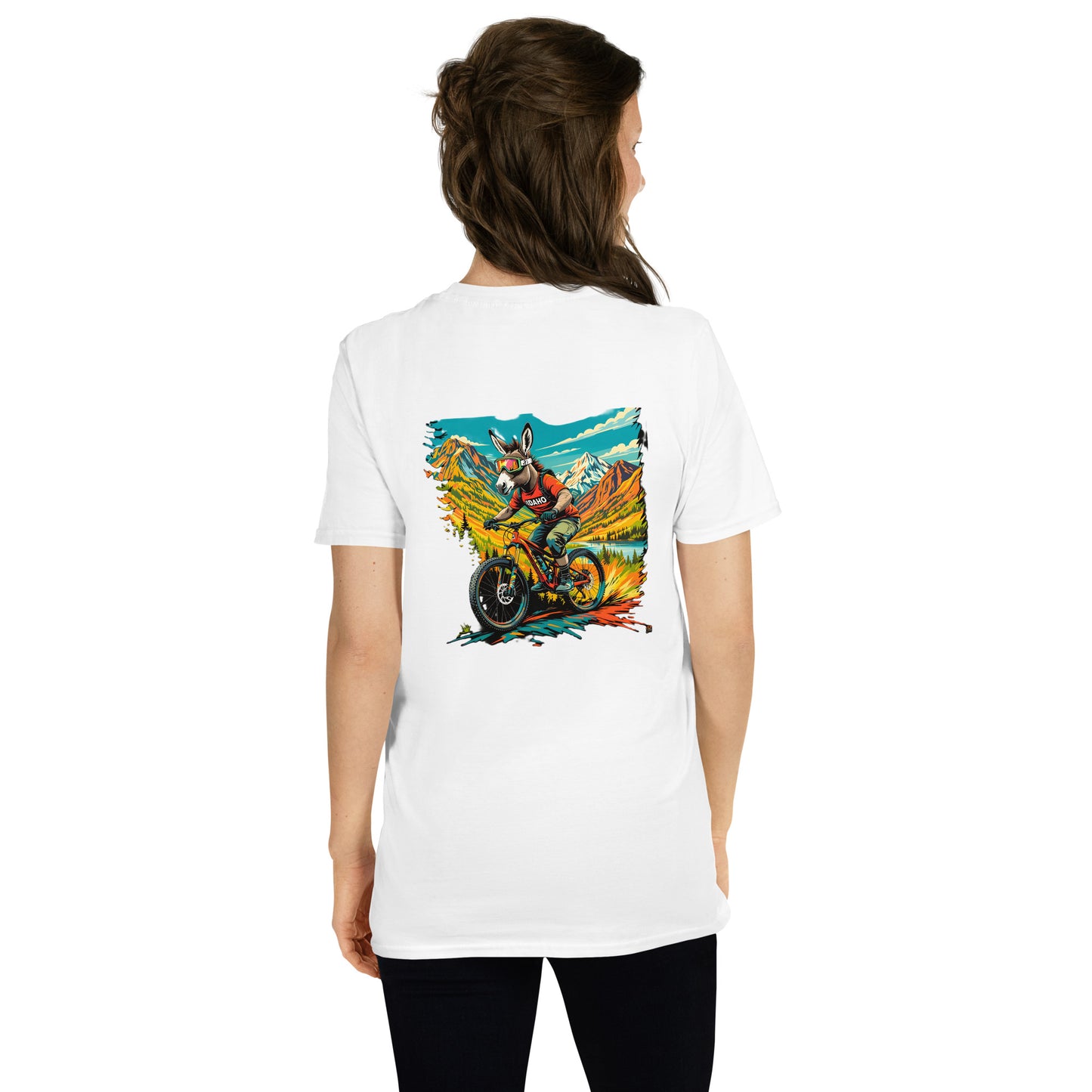 Person wearing a white t-shirt with a colorful graphic on the back, standing against a white background