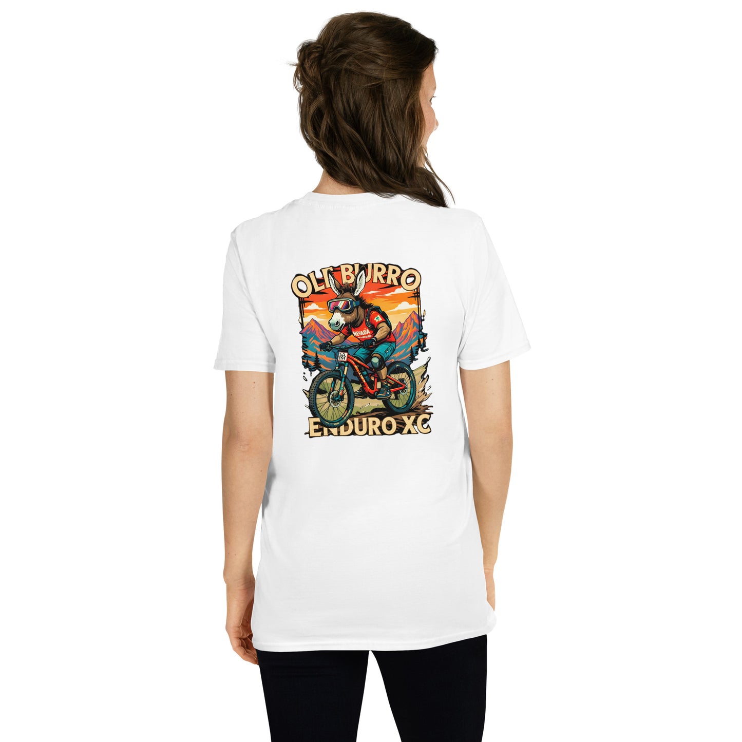 Person wearing a white t-shirt with a graphic design on the back, standing against a white background