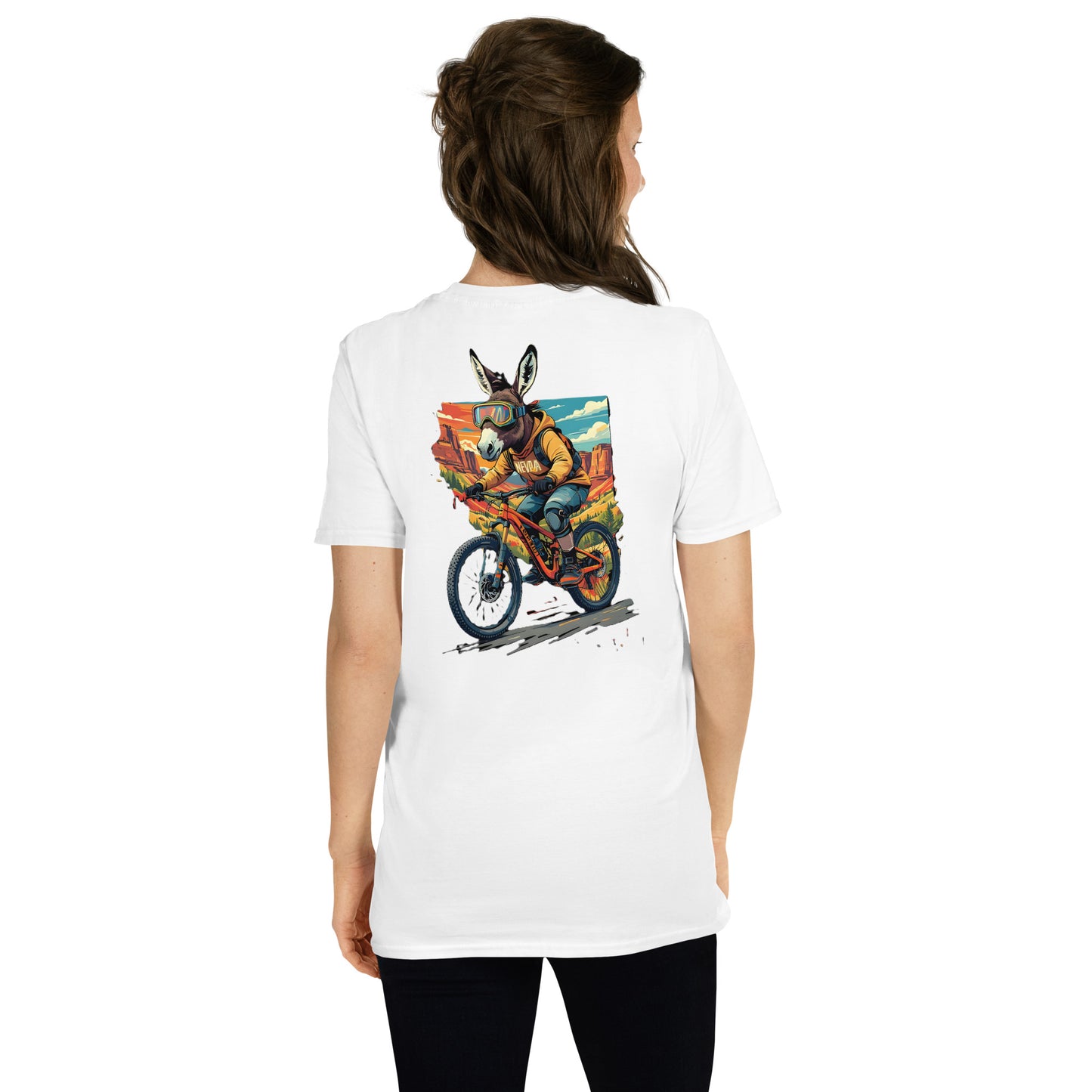 Person wearing a white t-shirt with a colorful graphic of a donkey on a motorcycle on the back.