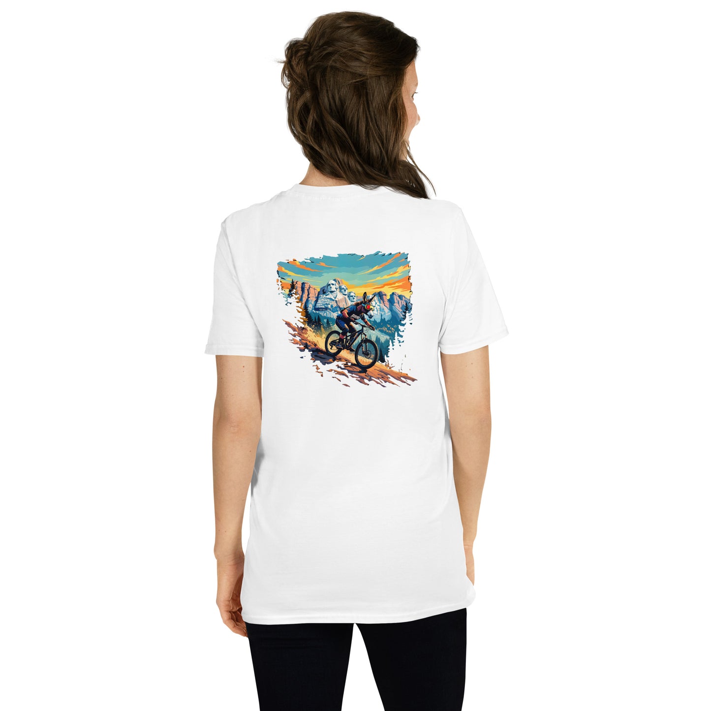 Person wearing a white t-shirt with a graphic design on the back, standing against a white background