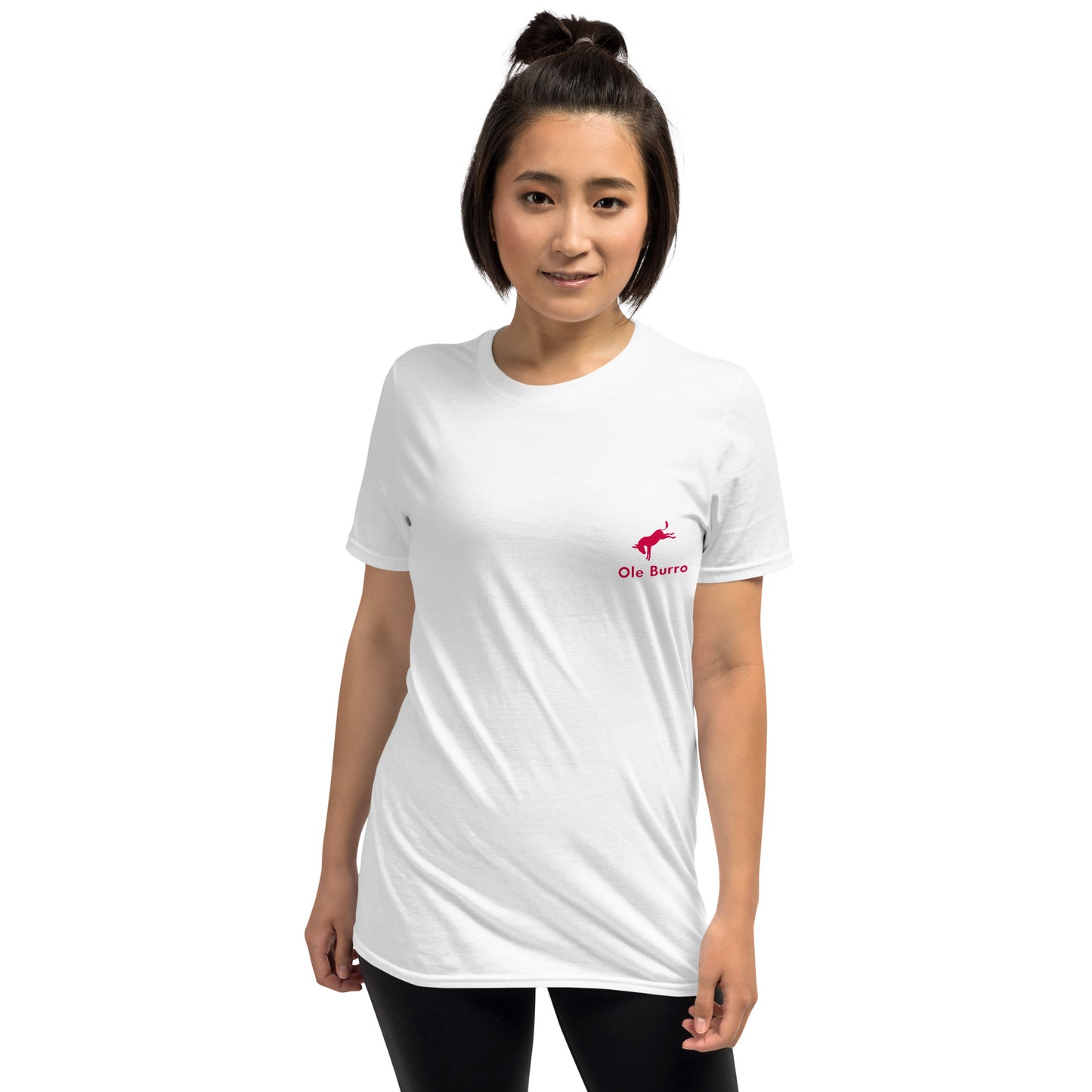 Person wearing a white t-shirt with a red logo on a white background