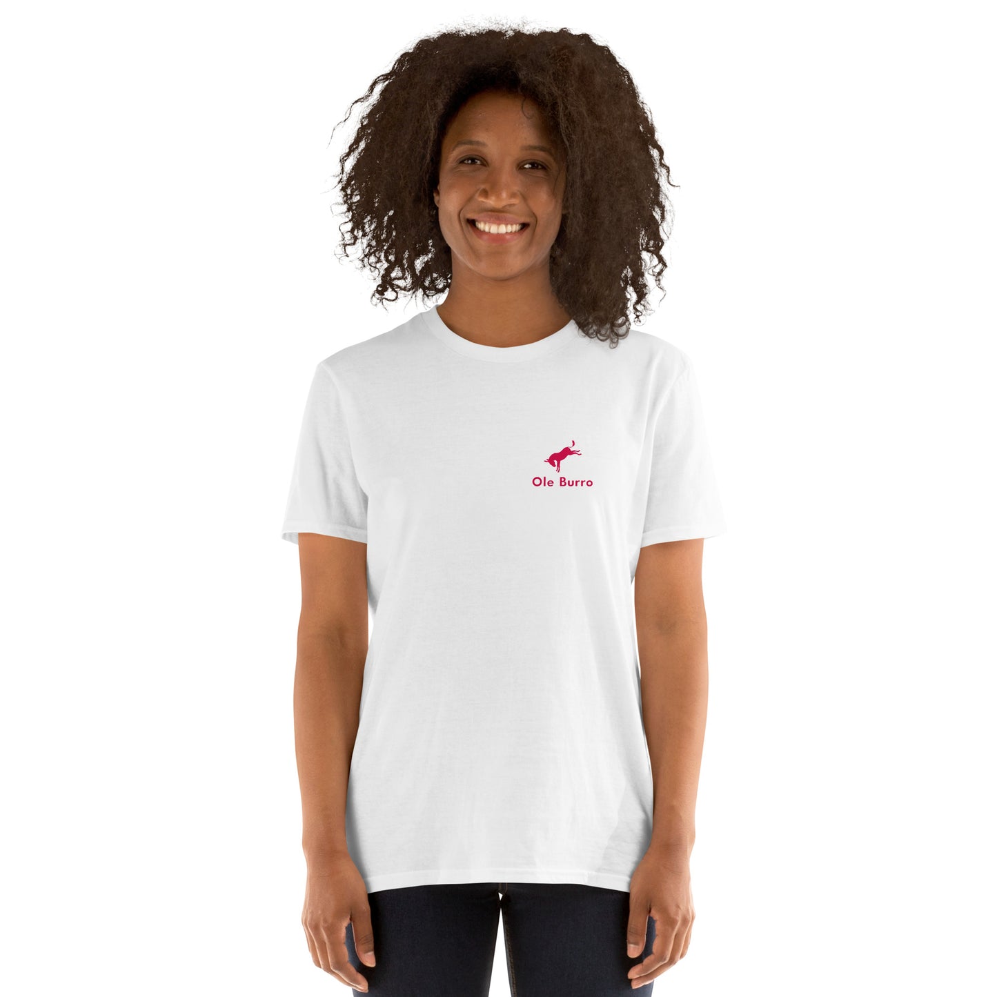 Person wearing a white t-shirt with a logo on a white background