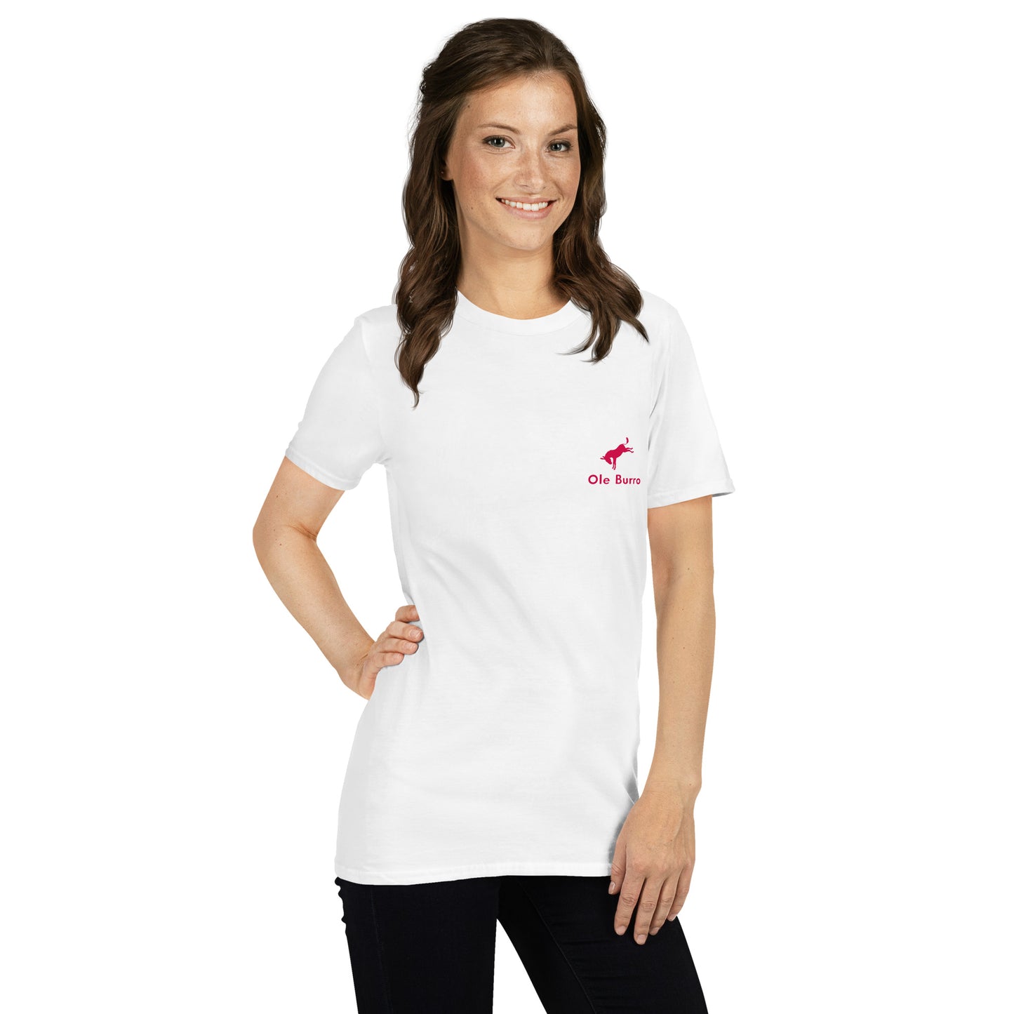 Woman wearing a white t-shirt with a red logo on a white background