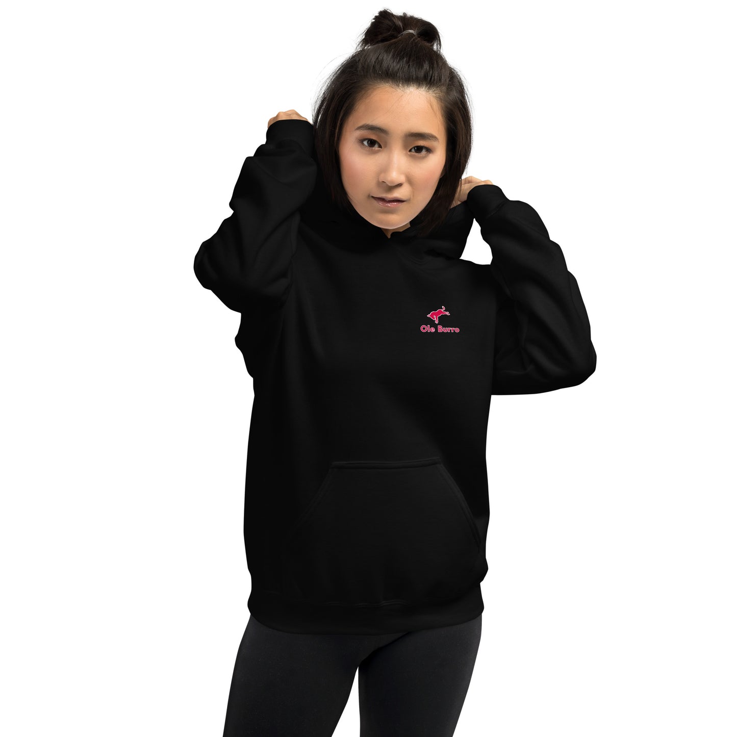 Person wearing a black hoodie with a pink logo on a white background