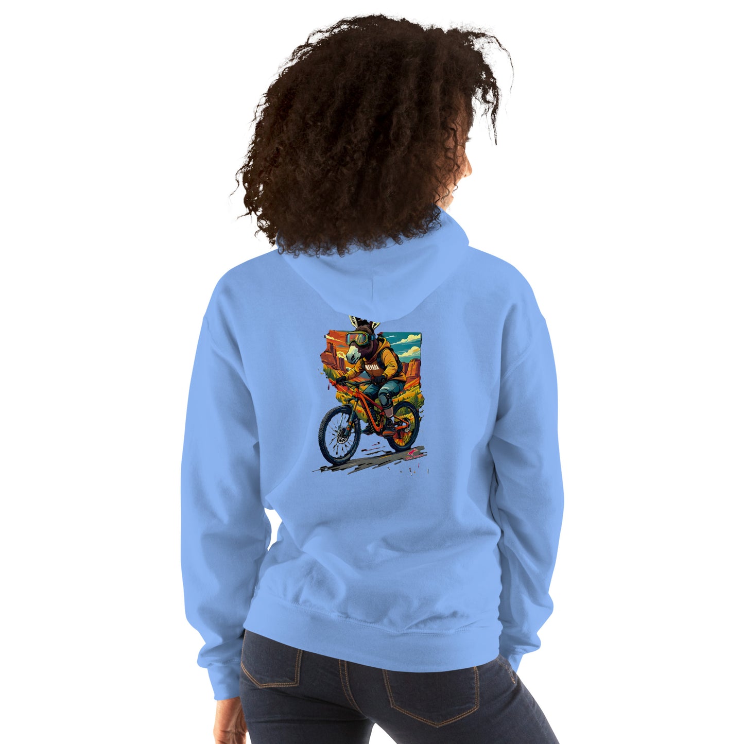 Person wearing a light blue hoodie with a colorful graphic on the back, standing against a white background.
