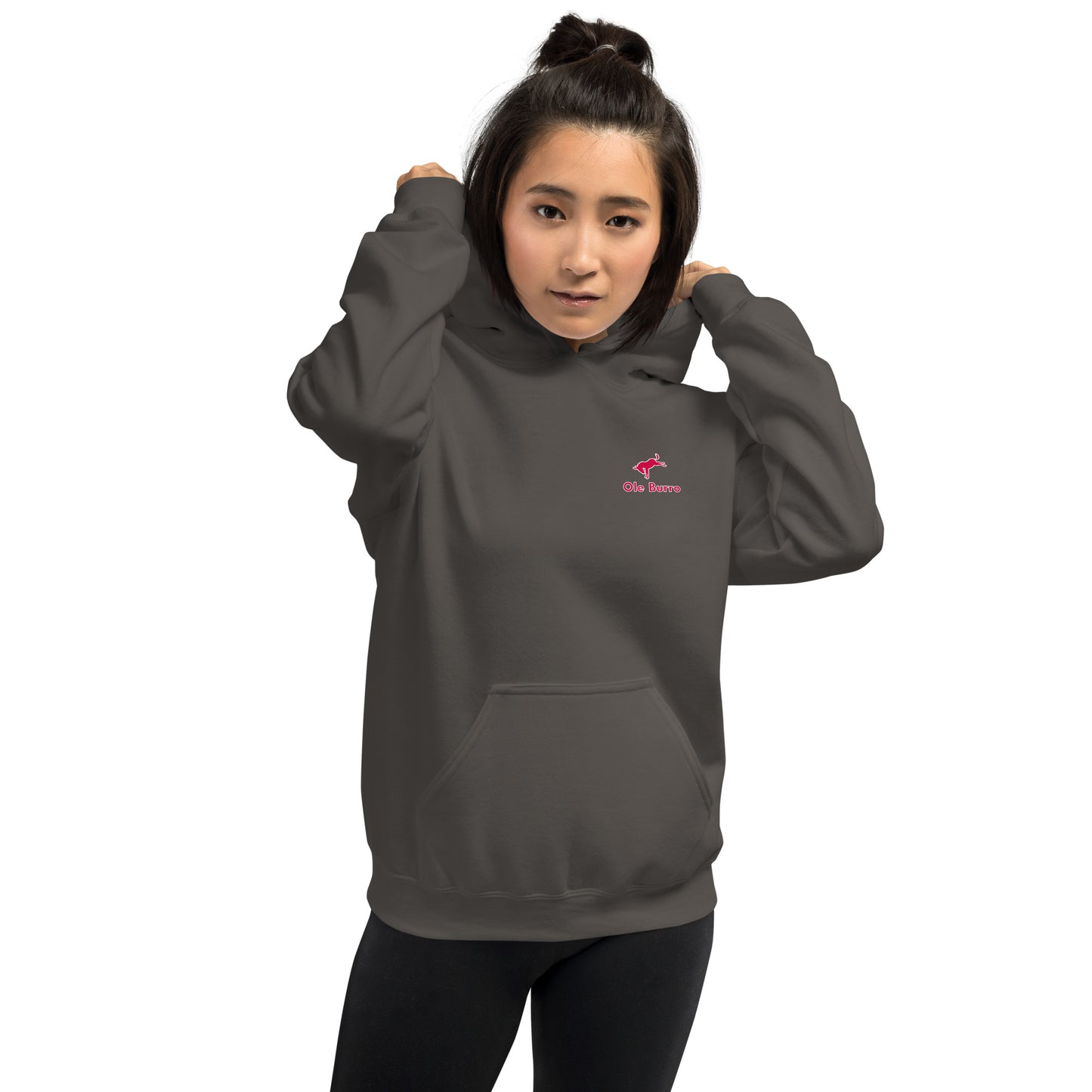 Person wearing a gray hoodie with a pink logo on a white background