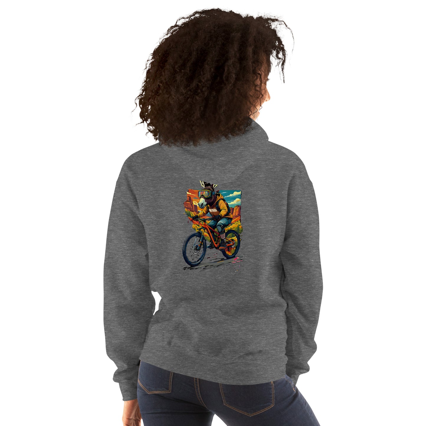 Person wearing a gray hoodie with a colorful graphic on the back, standing against a white background