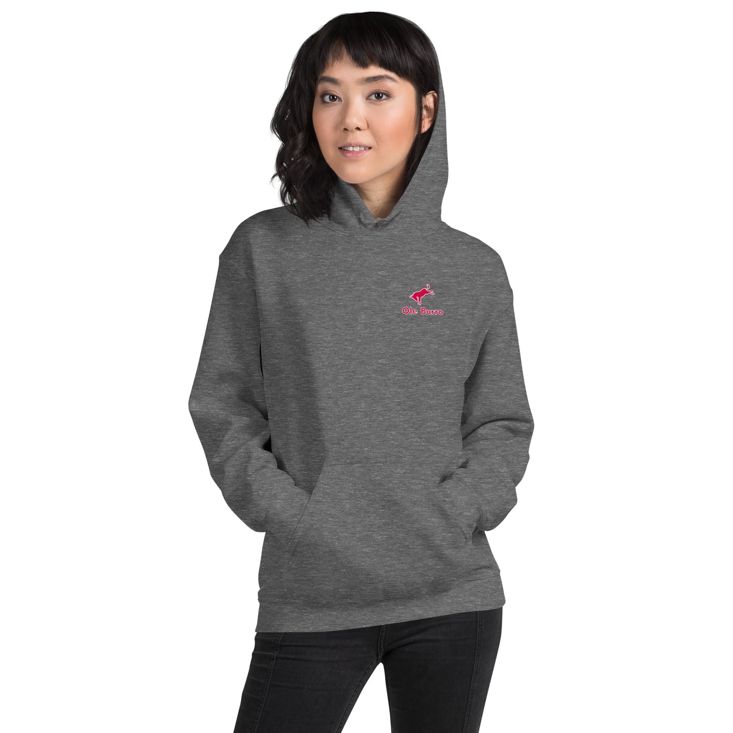 Person wearing a gray hoodie with a red logo on a white background