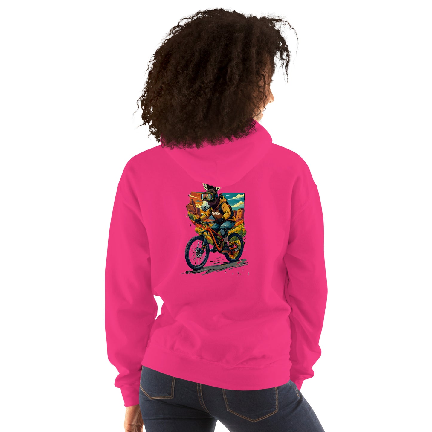 Person wearing a bright pink hoodie with a colorful graphic on the back, standing against a white background.
