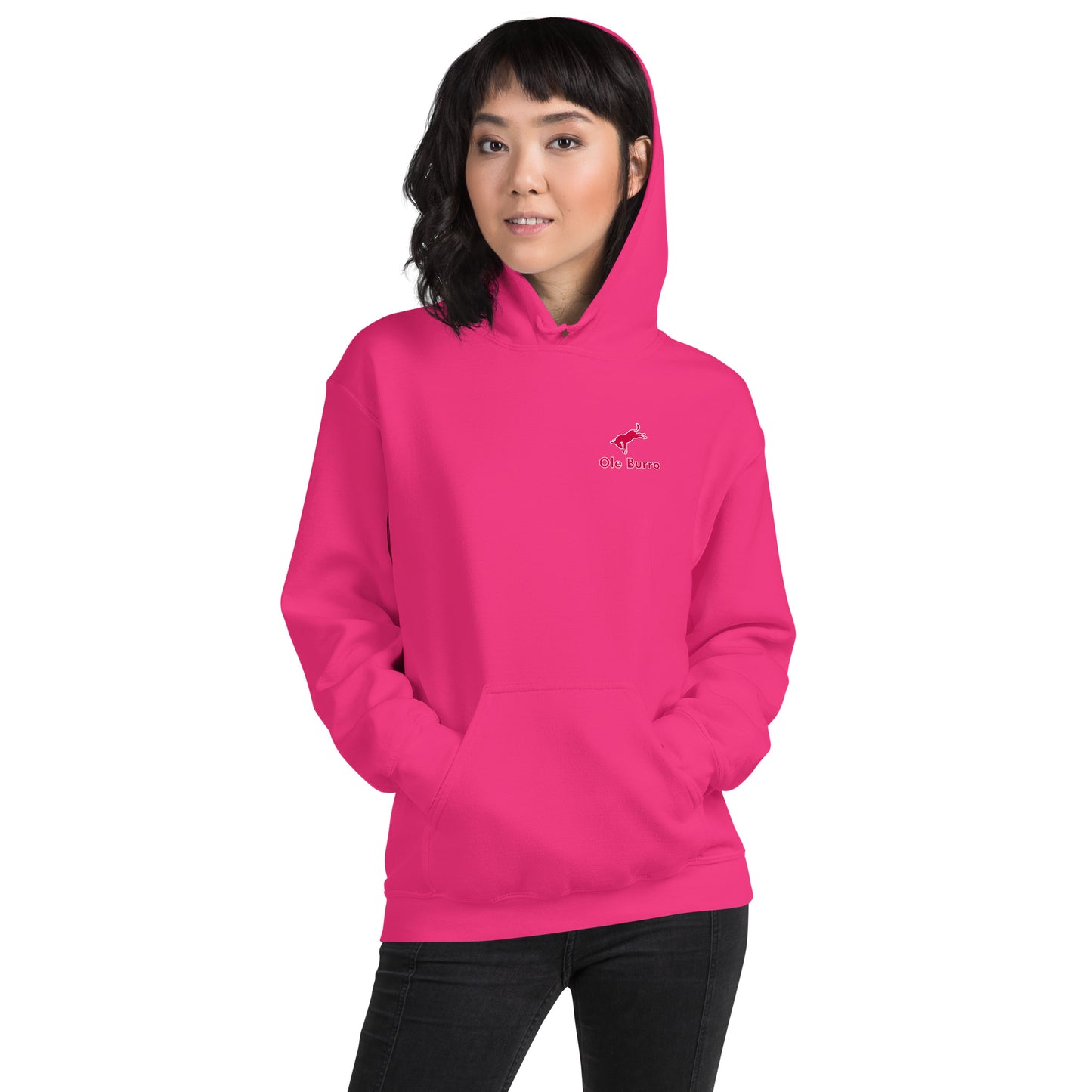 Person wearing a pink hoodie with a logo on a white background