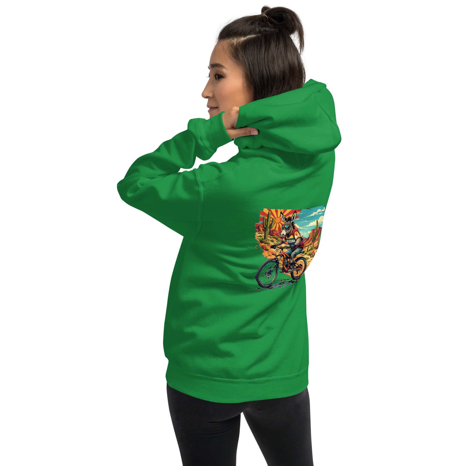 Person wearing a green hoodie with a colorful graphic on the back against a white background